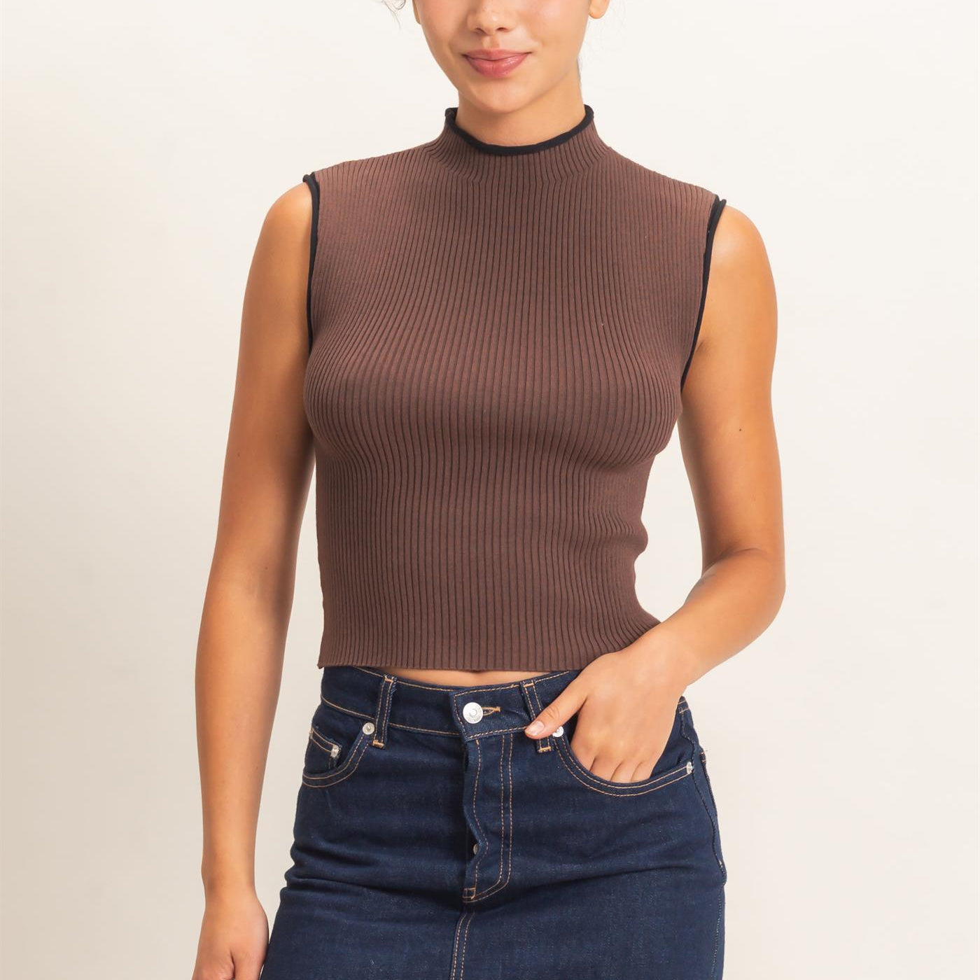 Wholesale Ribbed Mock Neck Sleeveless Top Clothing Tops DZ26E777 DARK BROWN DOUBLE ZERO