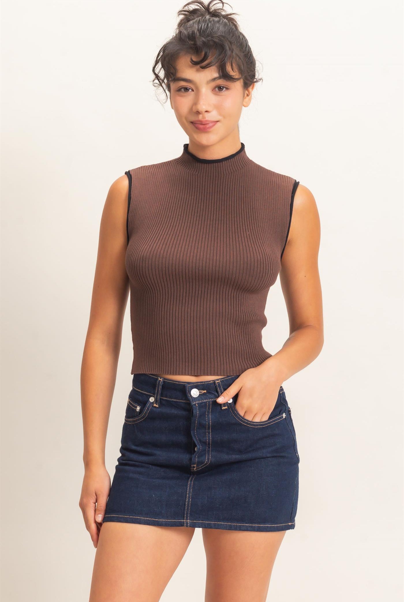 Wholesale Ribbed Mock Neck Sleeveless Top Clothing Tops DZ26E777 DARK BROWN DOUBLE ZERO