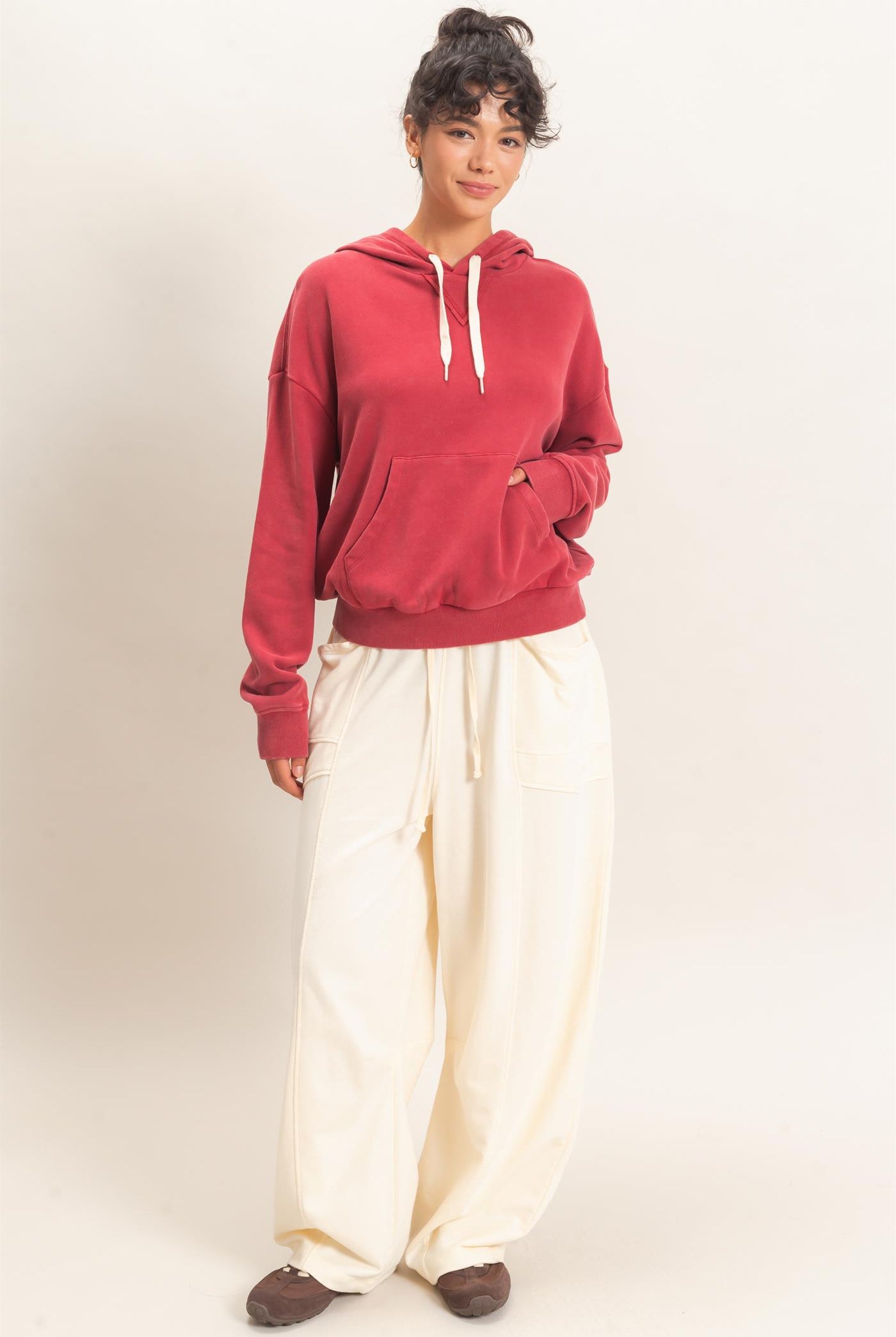 Wholesale Acid Wash Hoodie Clothing Tops DZ26E112 DARK RED DOUBLE ZERO