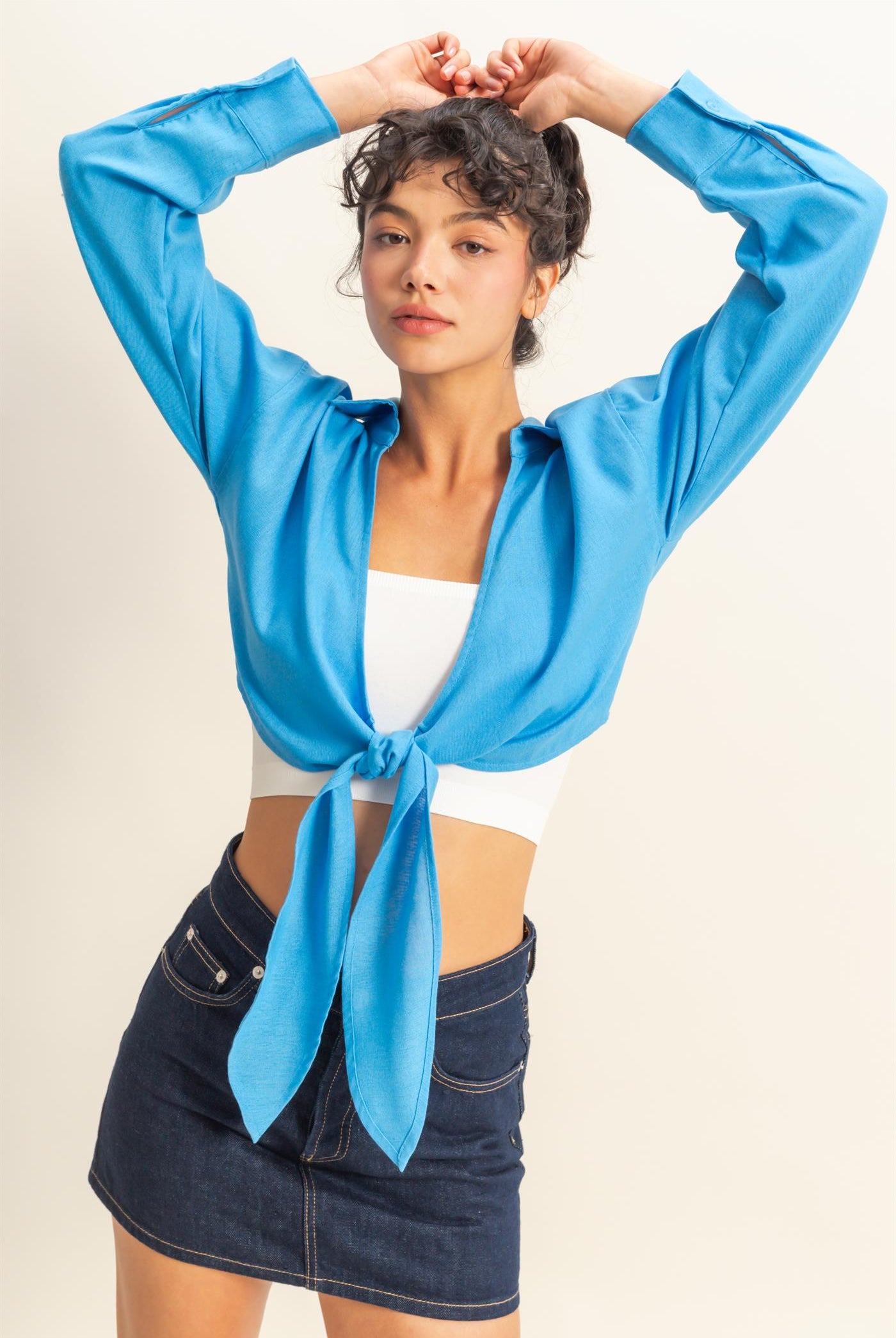 Wholesale Sand Washed Tie Front Crop Top Blouses DZ24C963 BLUE DOUBLE ZERO