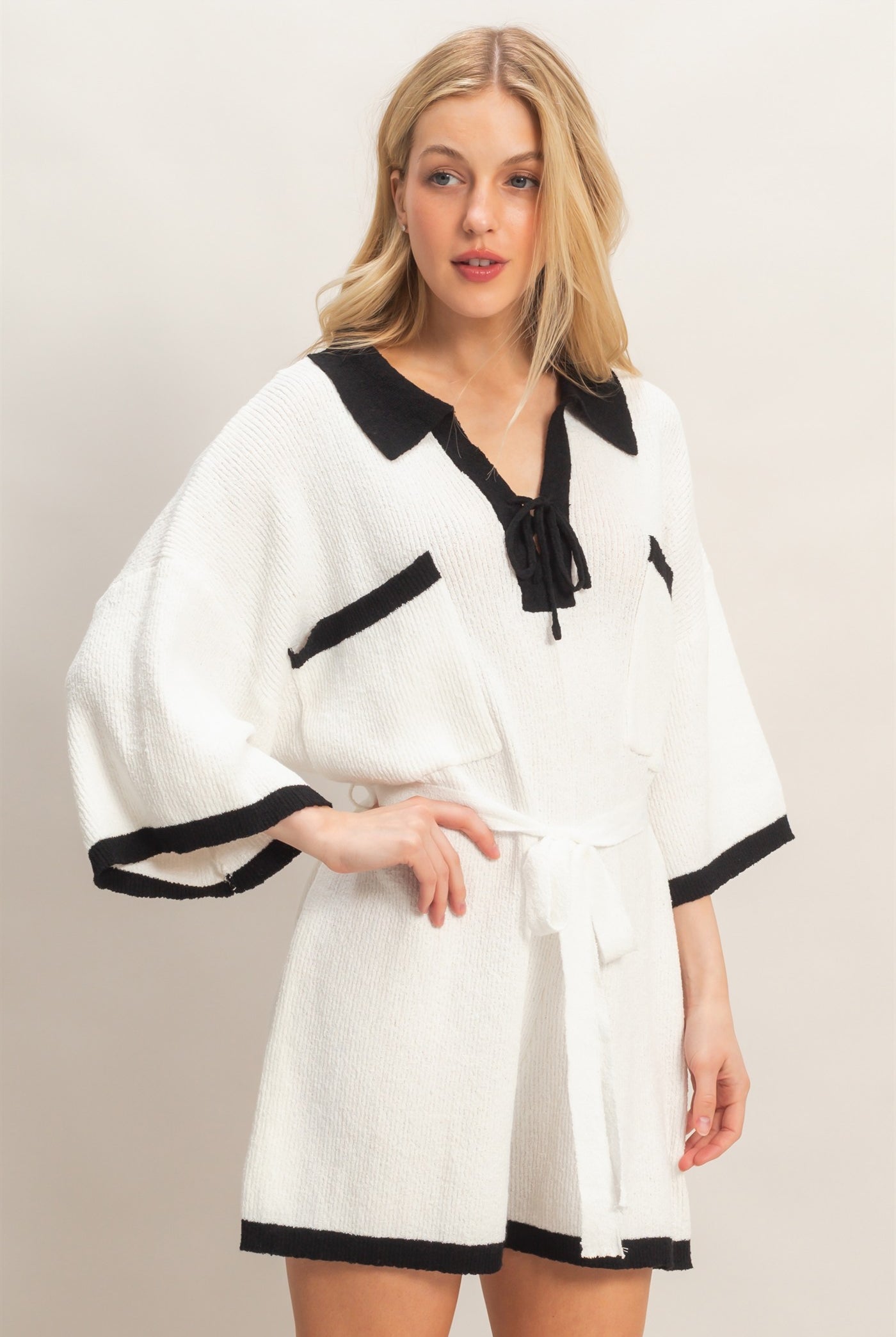 Wholesale Knit Romper With Contrast Tie Clothing HF26A408 OFF WHITE HYFVE