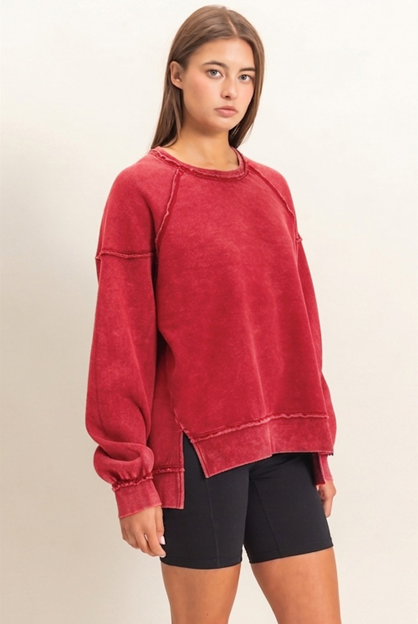 Wholesale Acid Wash Raw Edge Sweatshirt Sweatshirts DZ26C910 RED DOUBLE ZERO