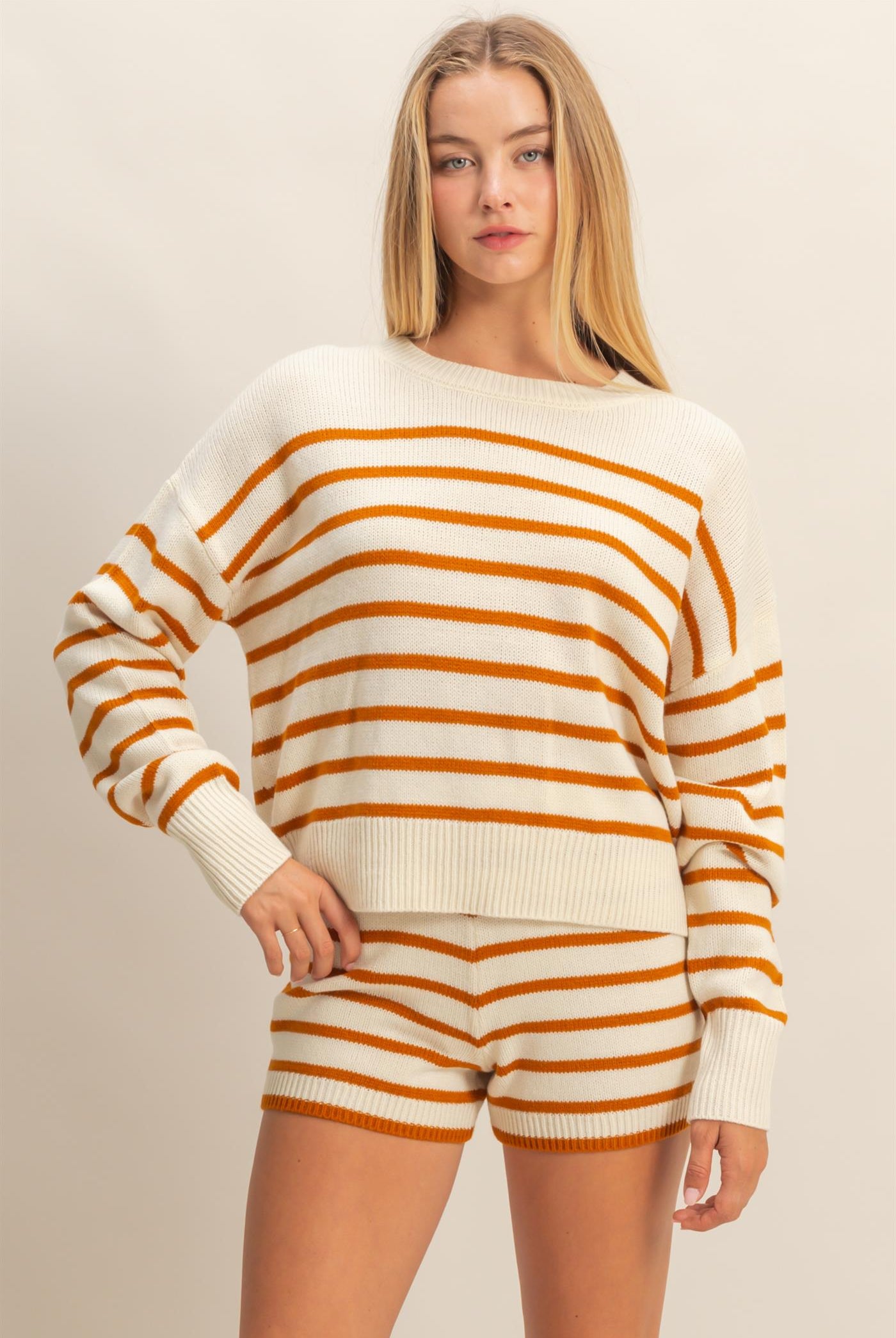Wholesale Striped Knit Sweater And Shorts Set Clothing DZ25E141-SET CREAM/CARAMEL DOUBLE ZERO