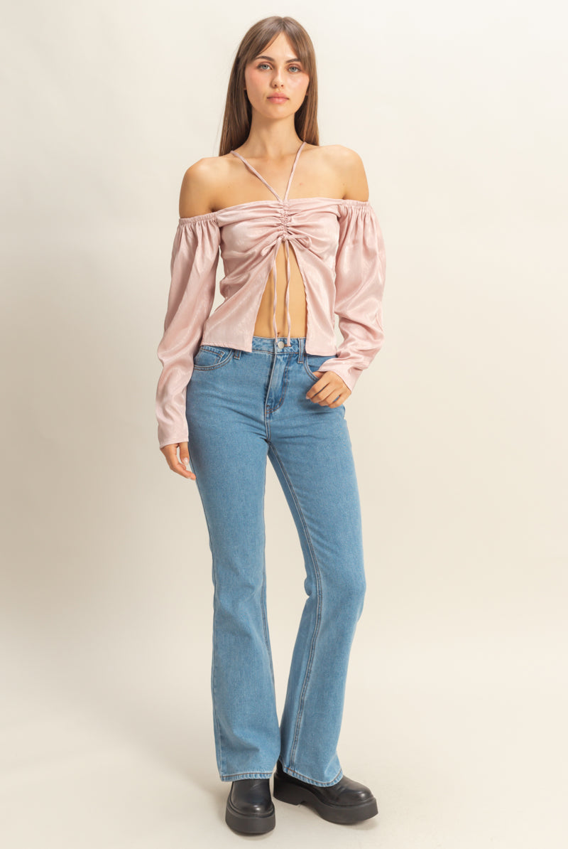Wholesale Tie-Front Off-Shoulder Blouse Clothing Tops FS22E859 MAUVE HYFVE