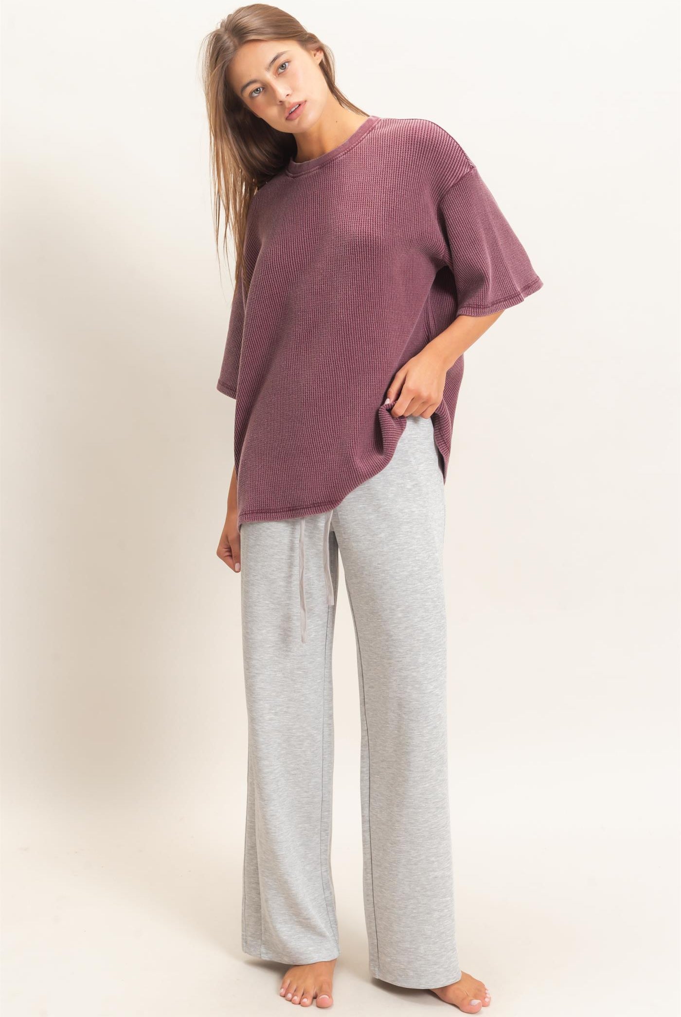 Wholesale Mineral Wash Waffle Crew Neck Short Sleeve Top Clothing Tops DZ26E328 DARK CHERRY DOUBLE ZERO