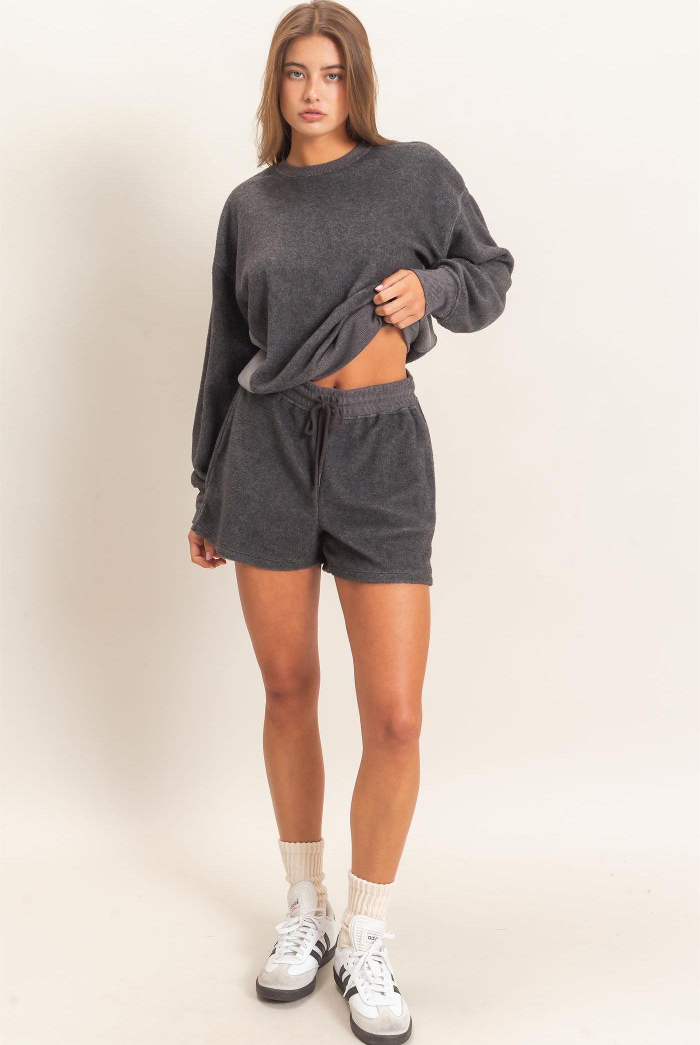 Wholesale Contrast Sweatshirt & Shorts Set Clothing DZ25F478-SET CHARCOAL DOUBLE ZERO