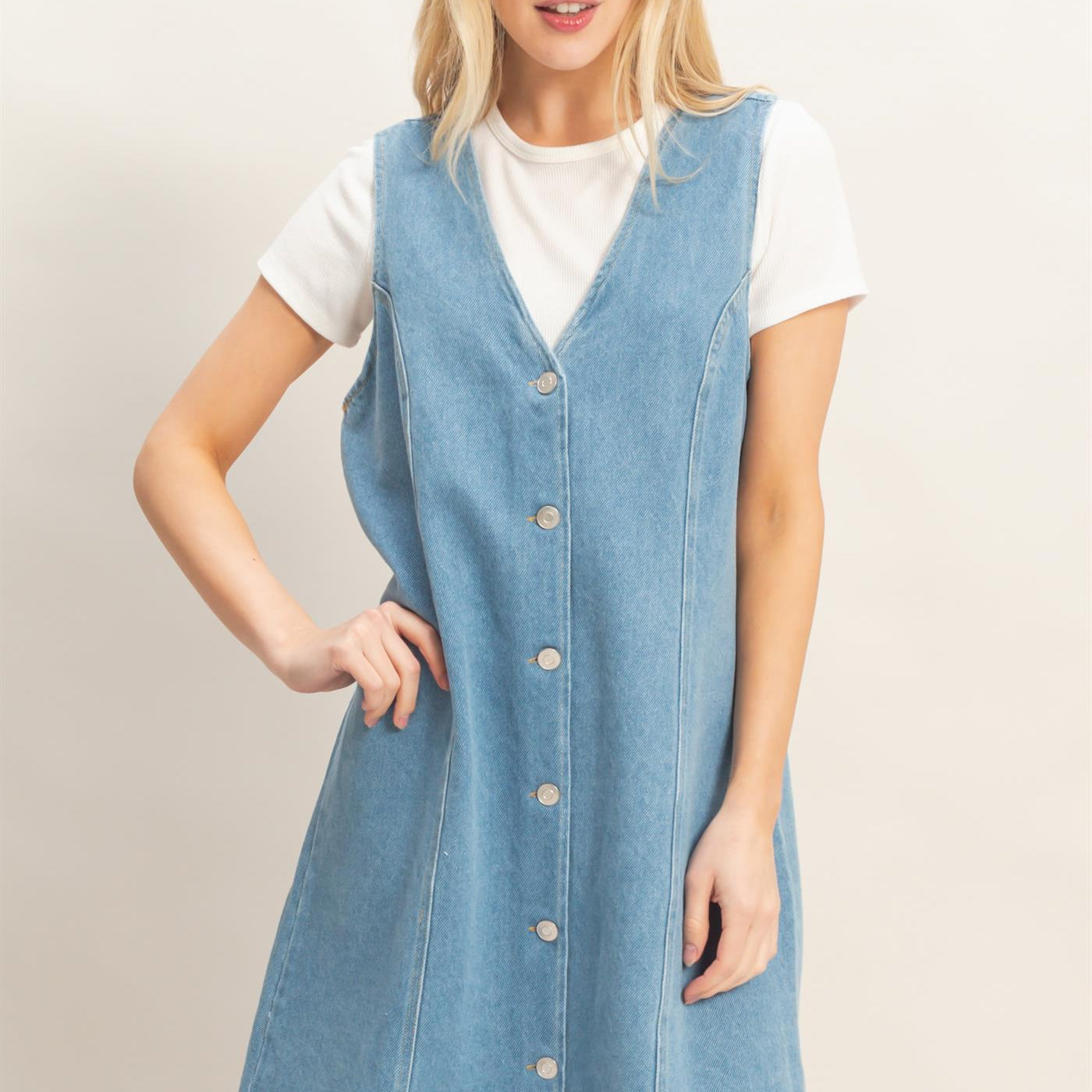 Wholesale V-Neck Button-Front Denim Dress Dresses HF26A273-D MEDIUM DENIM HYFVE