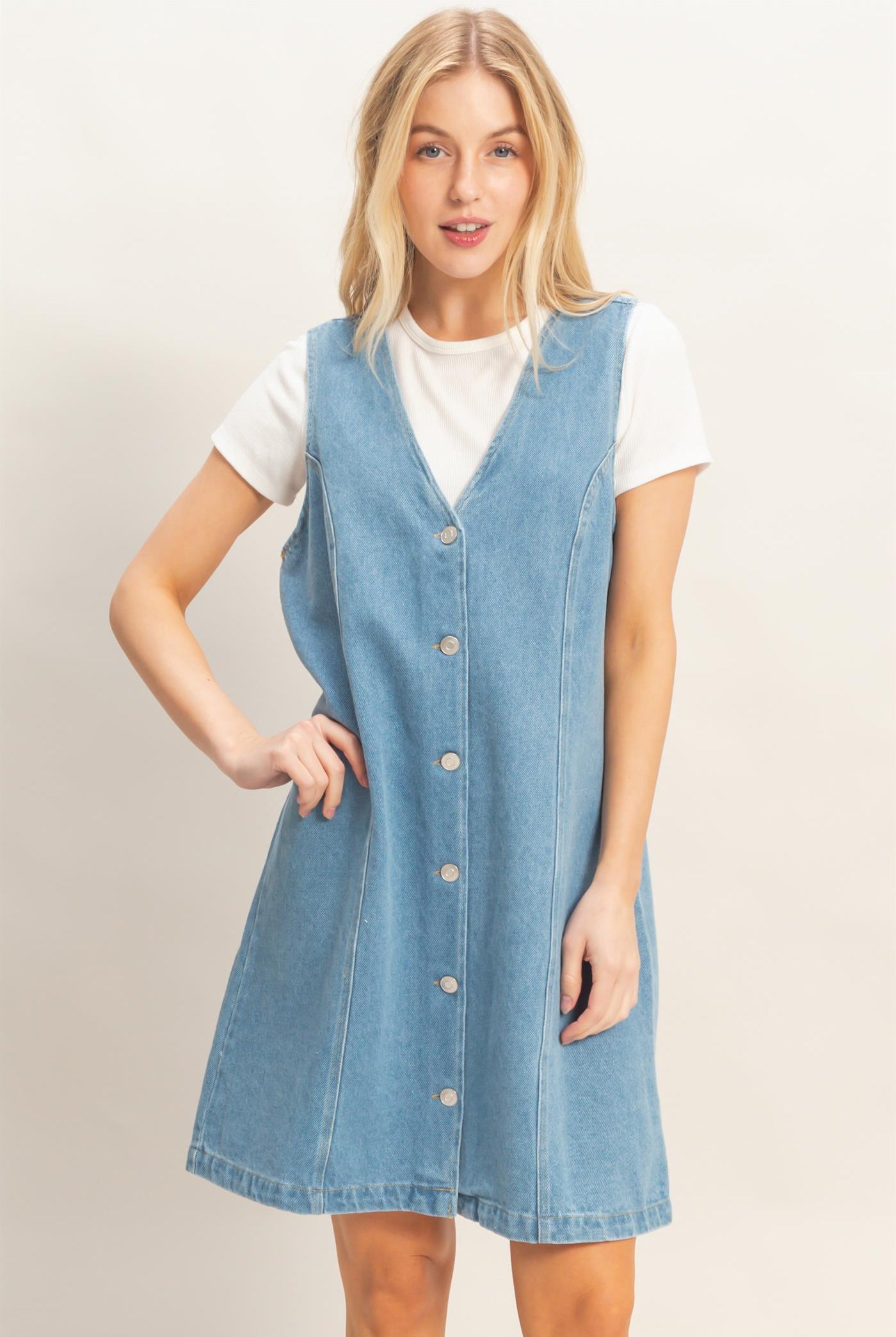 Wholesale V-Neck Button-Front Denim Dress Dresses HF26A273-D MEDIUM DENIM HYFVE