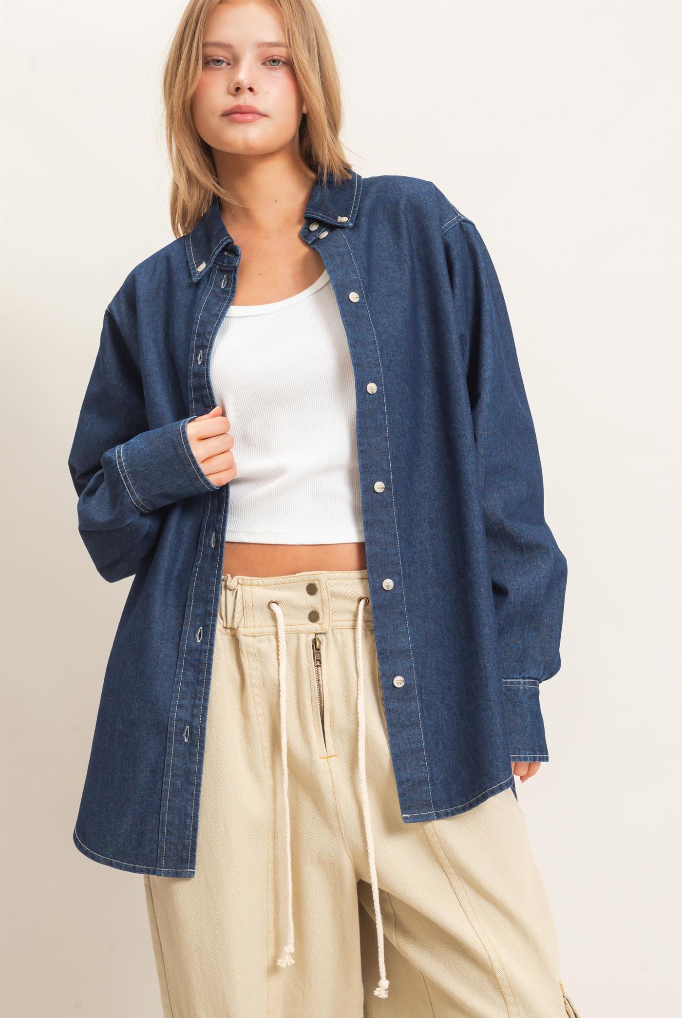 Wholesale Button-Up Denim Shirt Shirts HF26E420 DARK DENIM HYFVE