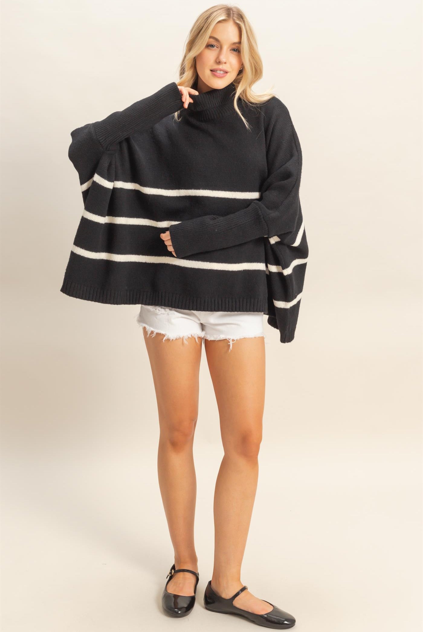 Wholesale Striped Turtle Neck Oversized Sweater Sweaters HF25F290 BLACK HYFVE