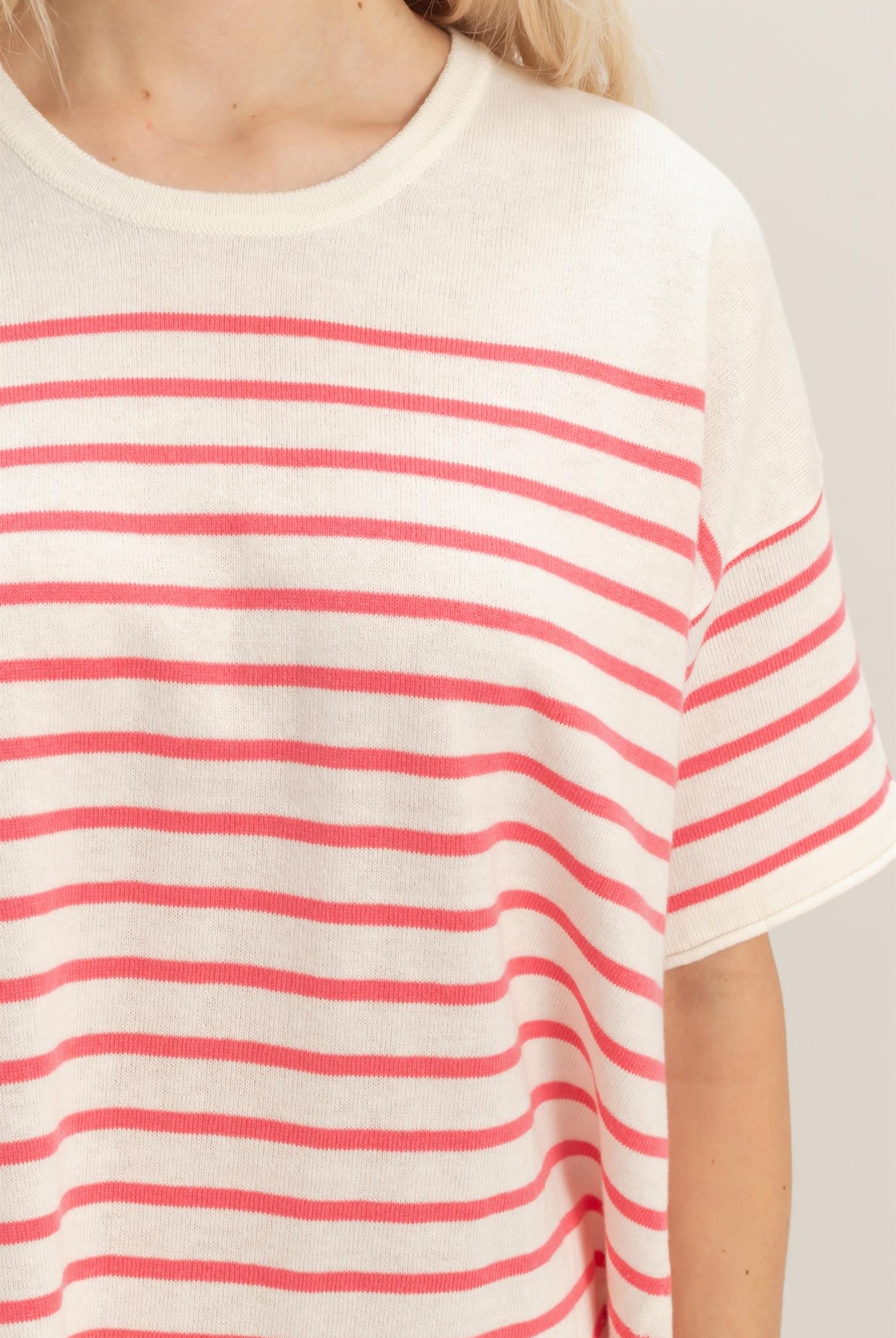 Wholesale Striped Short Sleeve Knit Top Clothing Tops DZ26A838 PINK DOUBLE ZERO