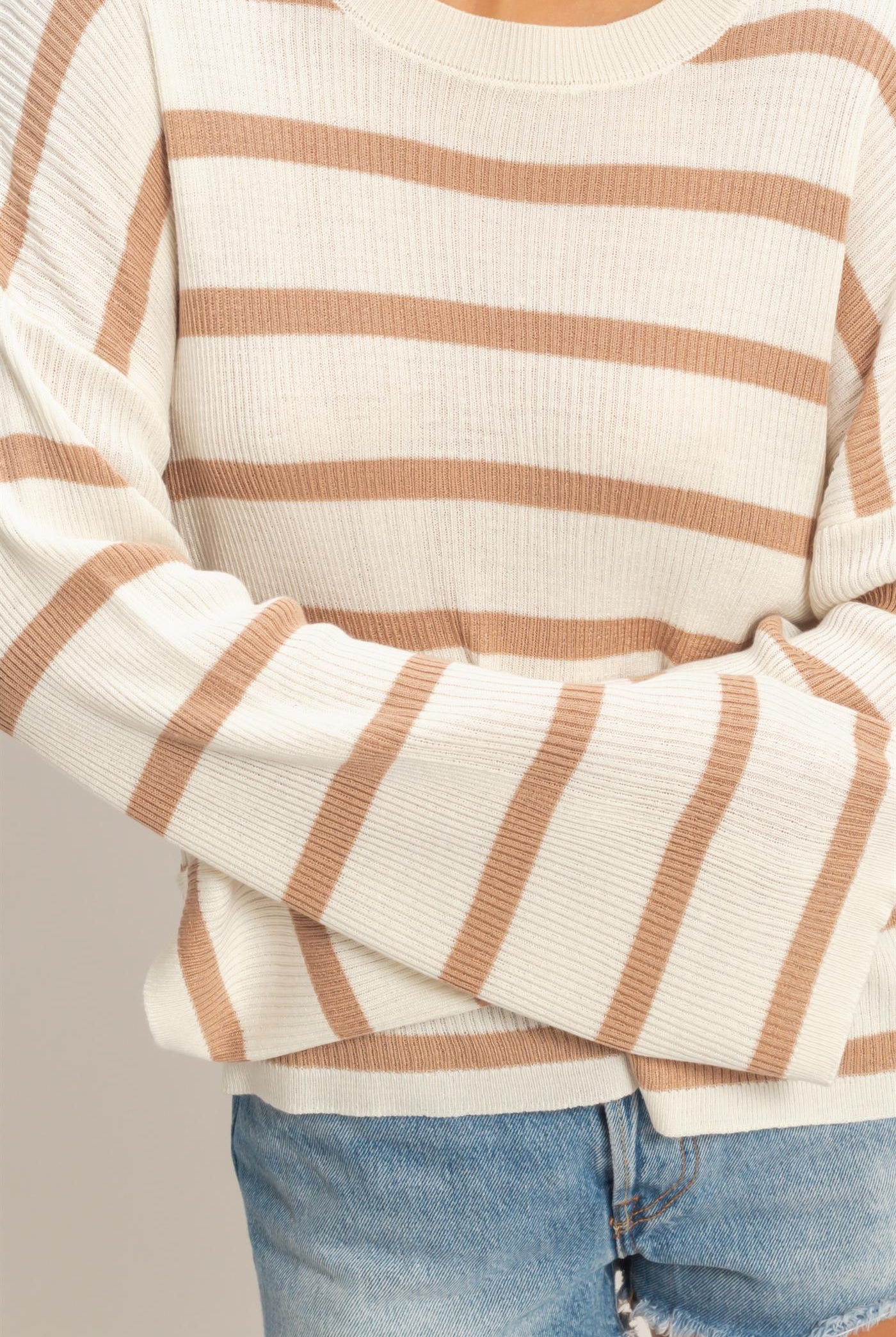Wholesale Lightweight Wide-Sleeve Striped Sweater Clothing Tops DZ26A329 DARK TAUPE DOUBLE ZERO