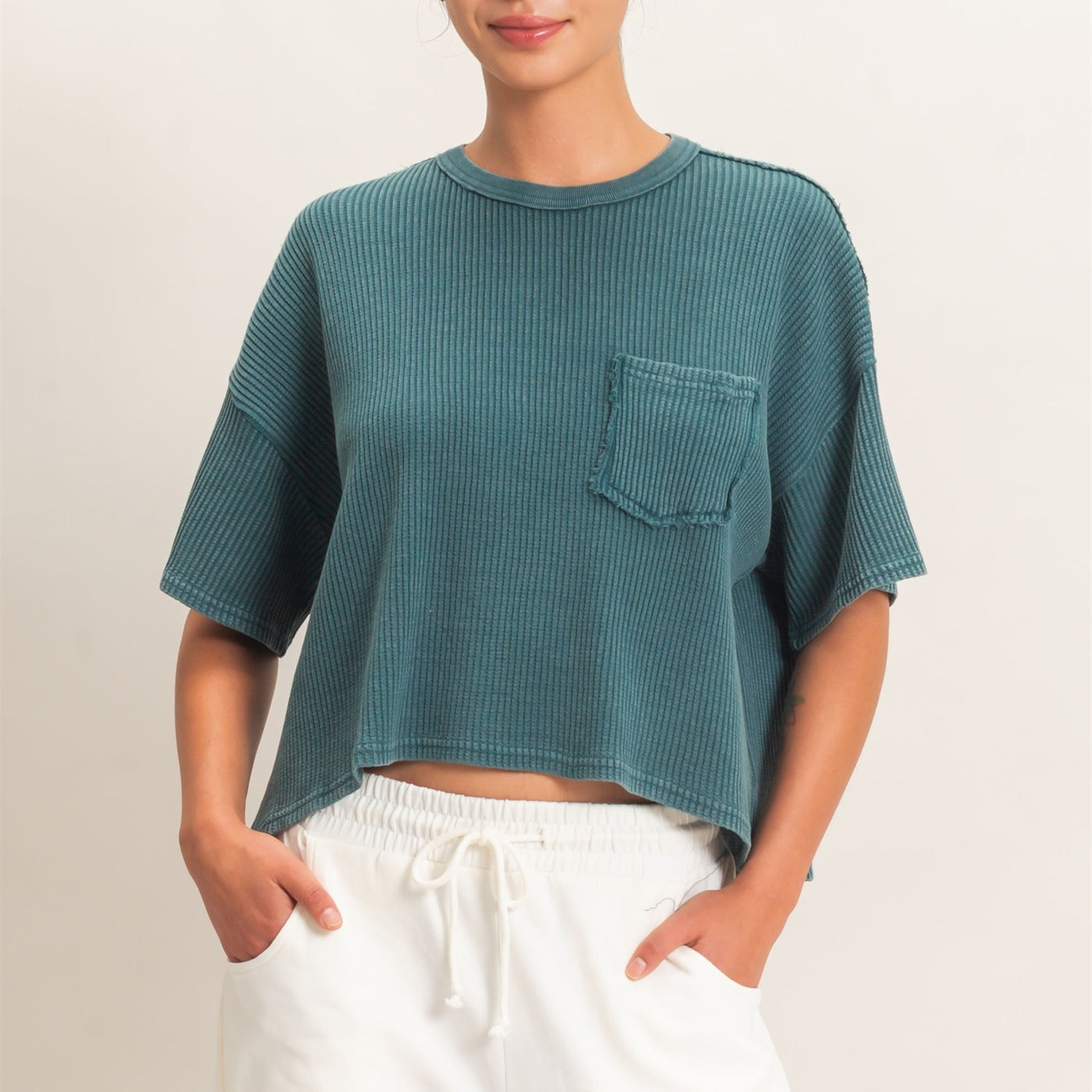 Wholesale Mineral Wash Waffle Knit Pocket Top Clothing Tops DZ26E222 DARK TEAL DOUBLE ZERO