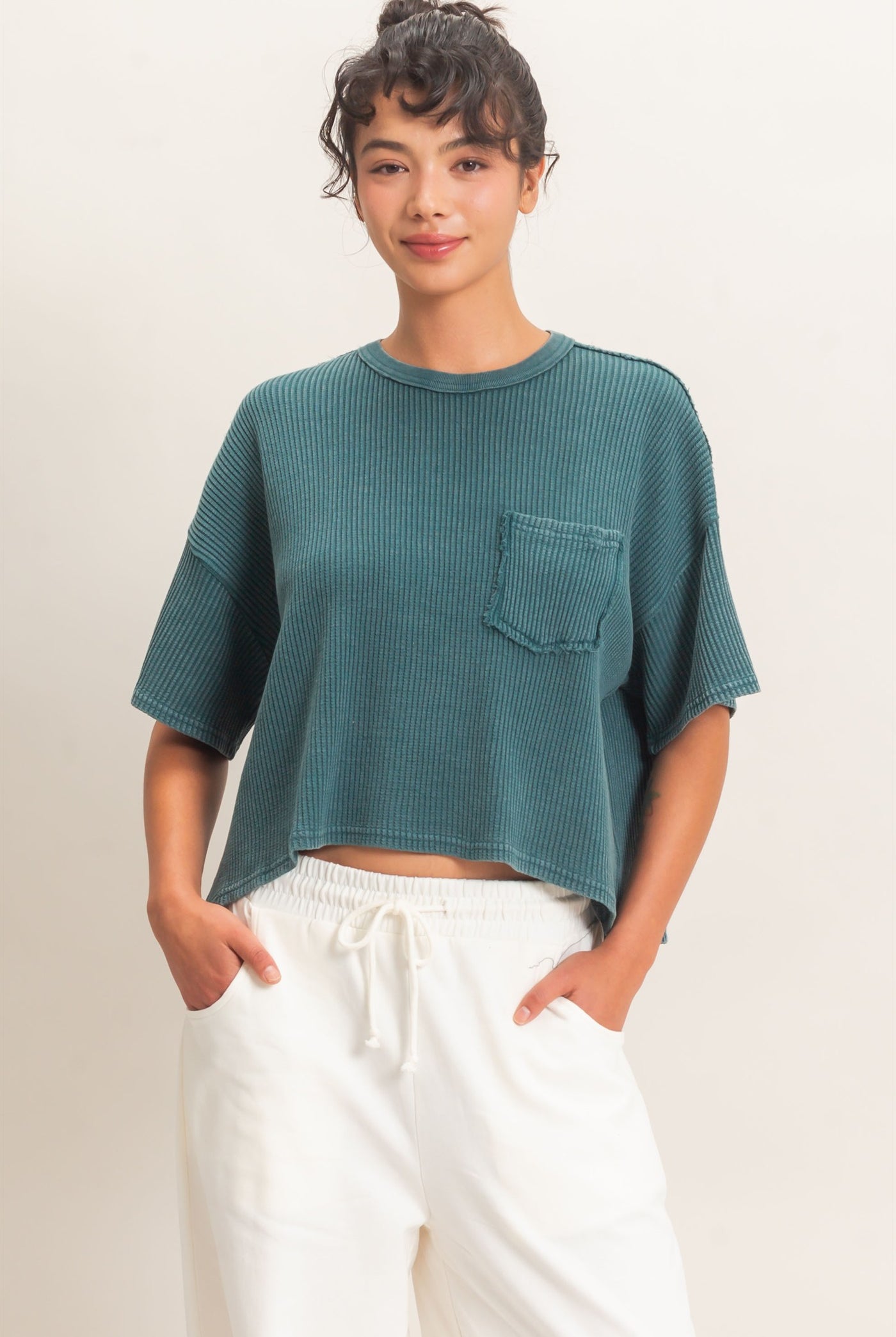Wholesale Mineral Wash Waffle Knit Pocket Top Clothing Tops DZ26E222 DARK TEAL DOUBLE ZERO