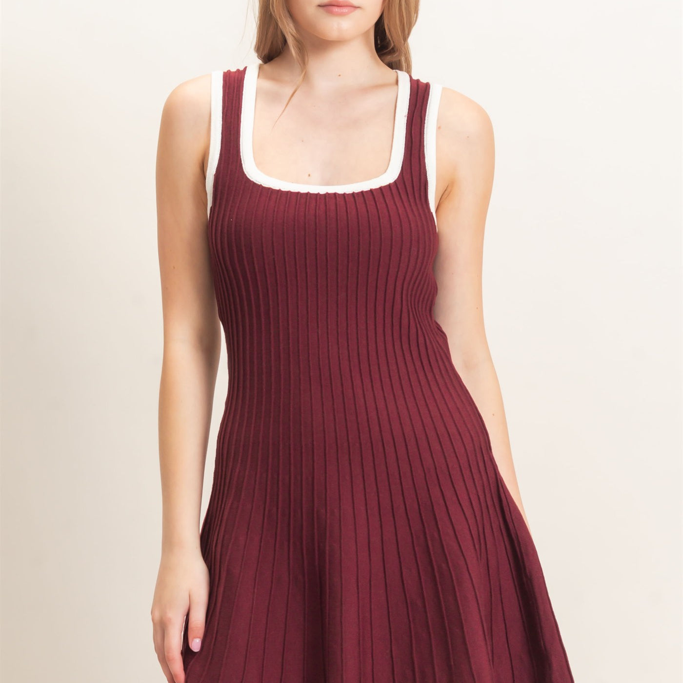 Wholesale Ribbed Square Neck Mini Dress Dresses HF26F213 WINE HYFVE