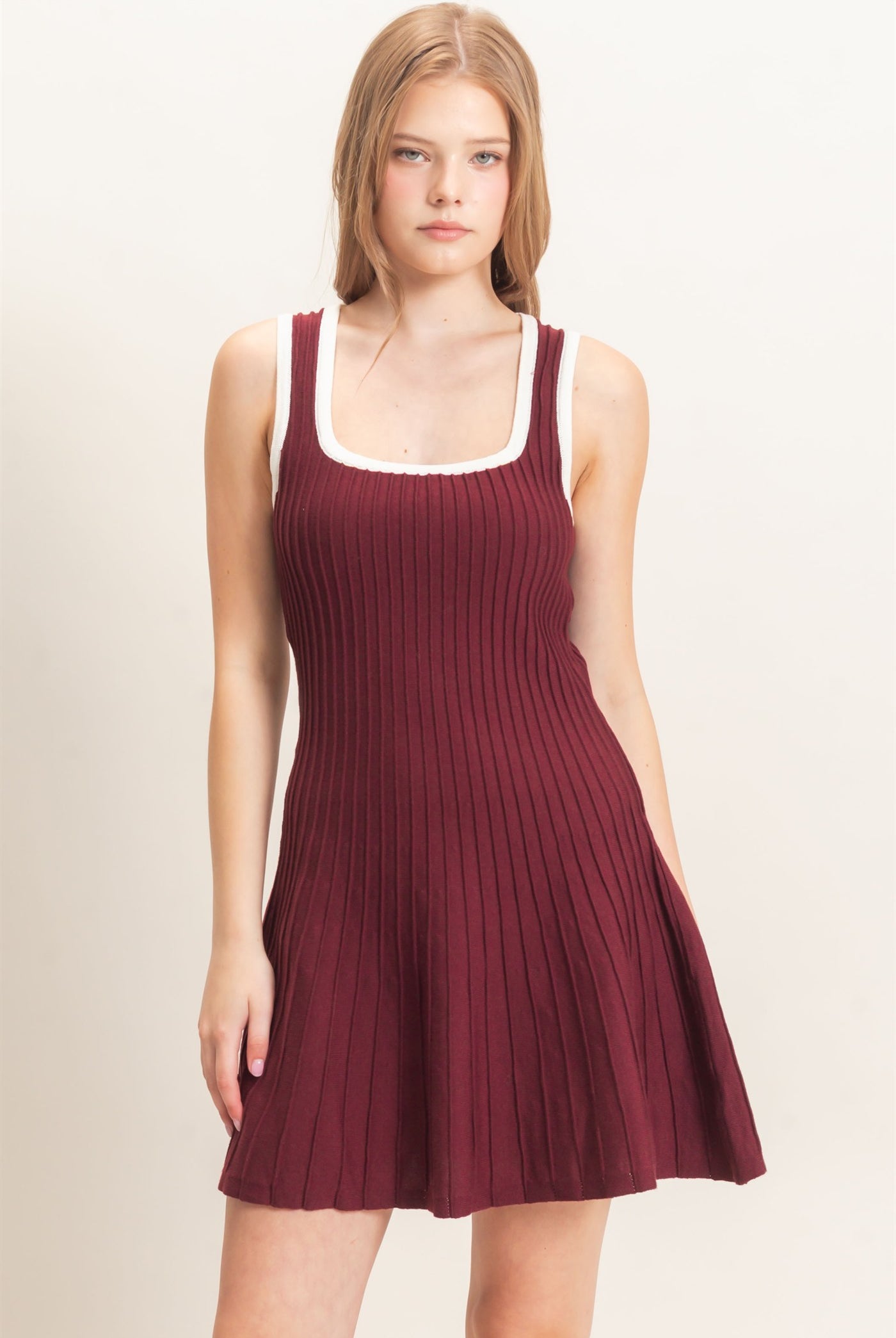 Wholesale Ribbed Square Neck Mini Dress Dresses HF26F213 WINE HYFVE