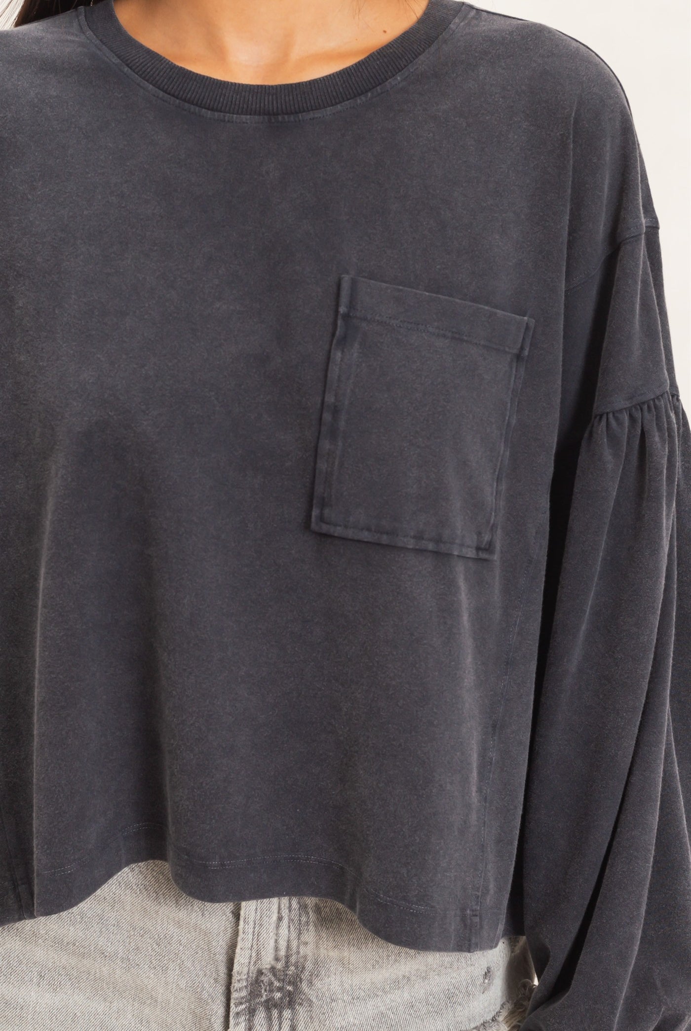 Wholesale Mineral Wash Puff Long Sleeve Boxy Top Clothing Tops DZ26F402 BLACK DOUBLE ZERO