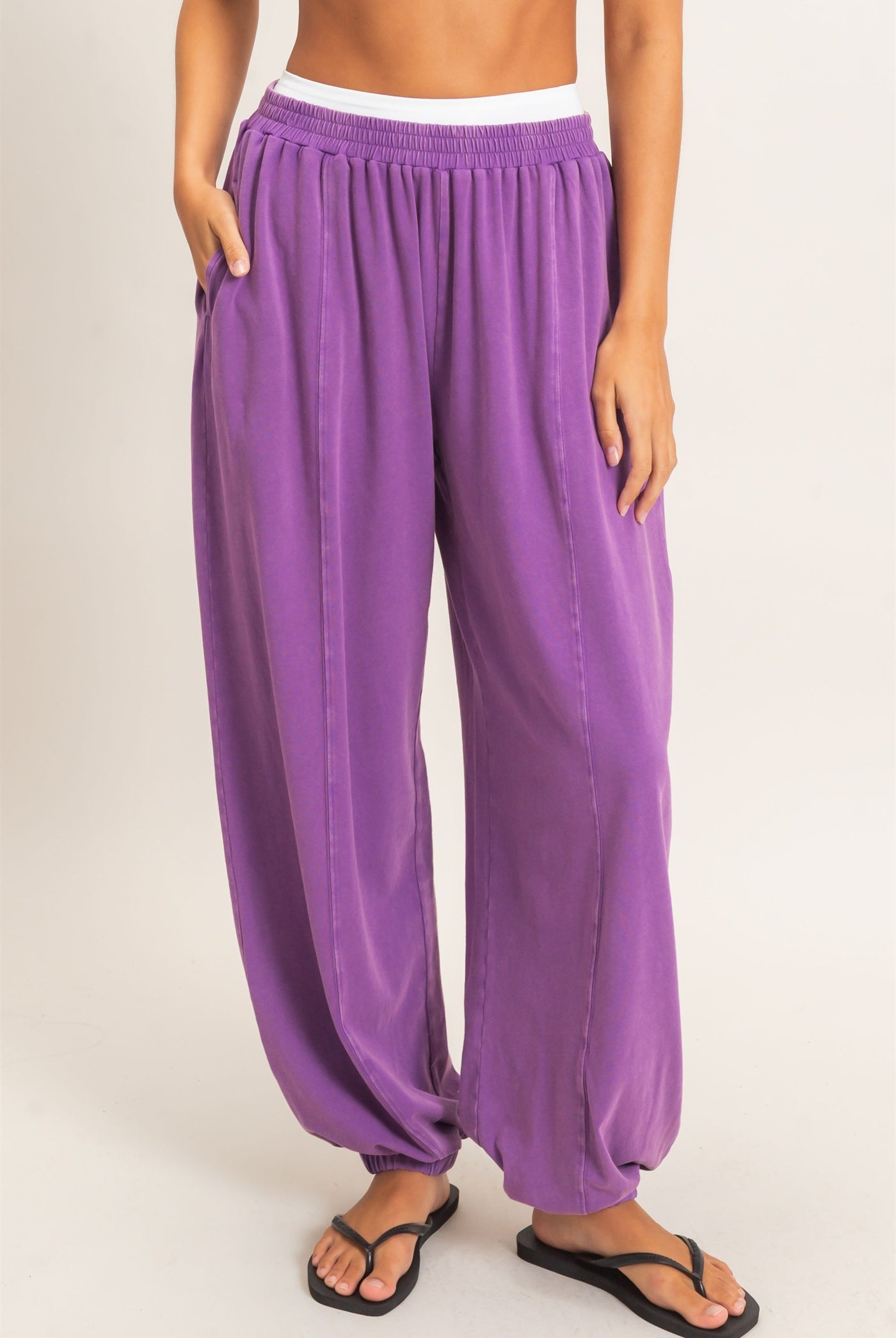 Wholesale Mineral Wash Elastic Waist Jogger Pants Joggers DZ26F405 PLUM DOUBLE ZERO