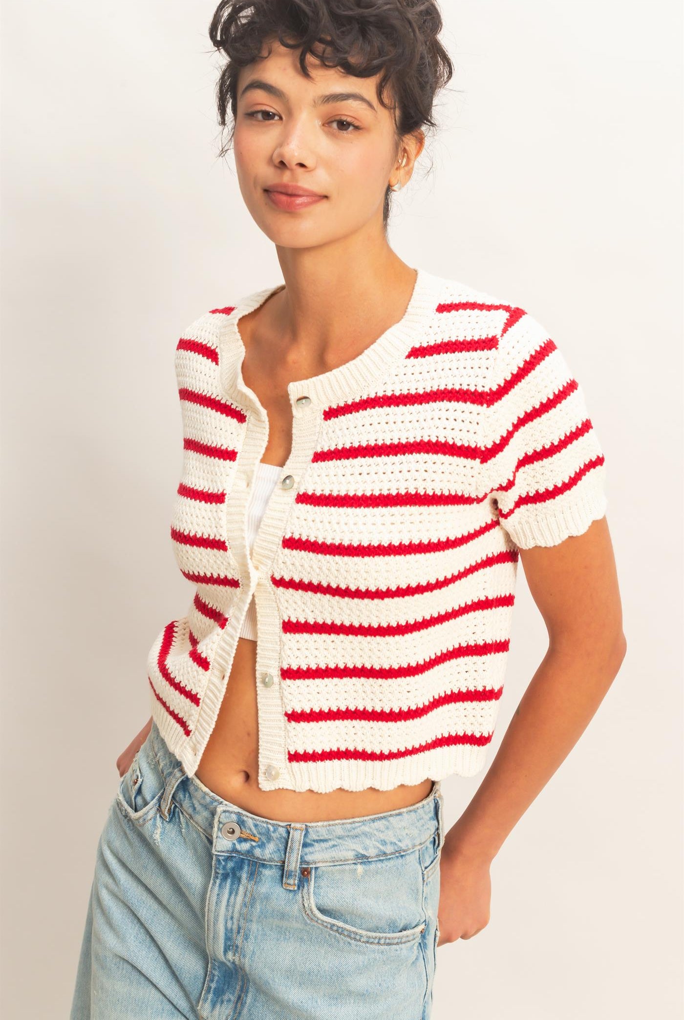 Wholesale Striped Short Sleeve Cardigan With Scallop Edge Cardigans DZ26A605 RED DOUBLE ZERO