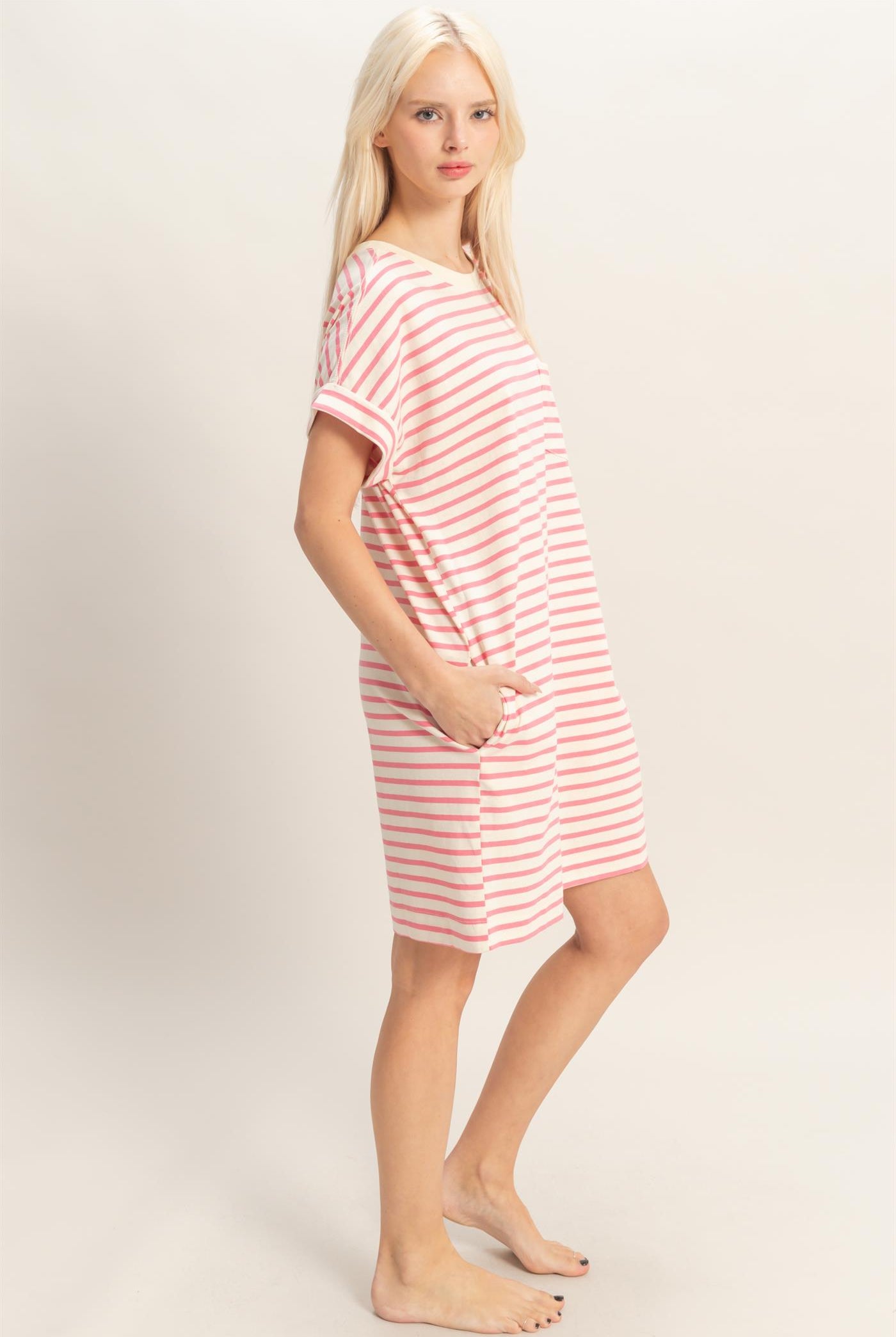 Wholesale Striped T-Shirt Mini Dress Dresses DZ26C067 PINK DOUBLE ZERO