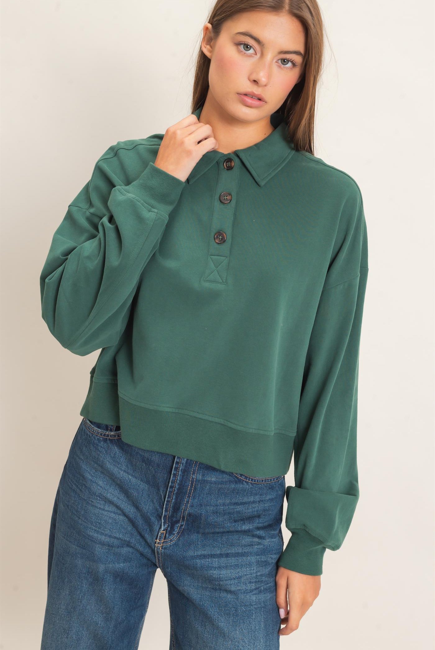 Wholesale Washed Button-Front Collared Sweatshirt Sweatshirts DZ26E390 DARK GREEN DOUBLE ZERO