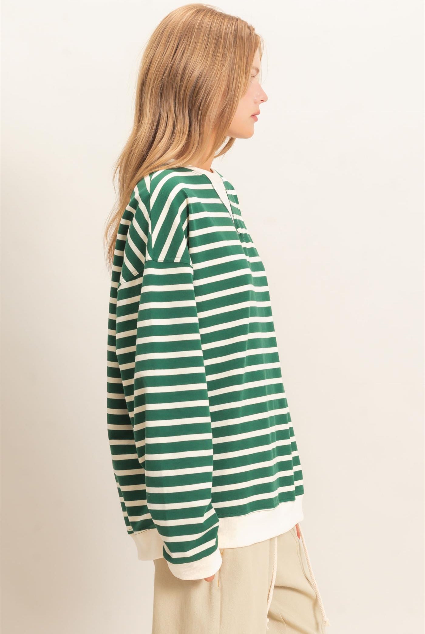 Wholesale Striped Long Sleeve Pullover Sweatshirts HF26F077 GREEN/CREAM HYFVE