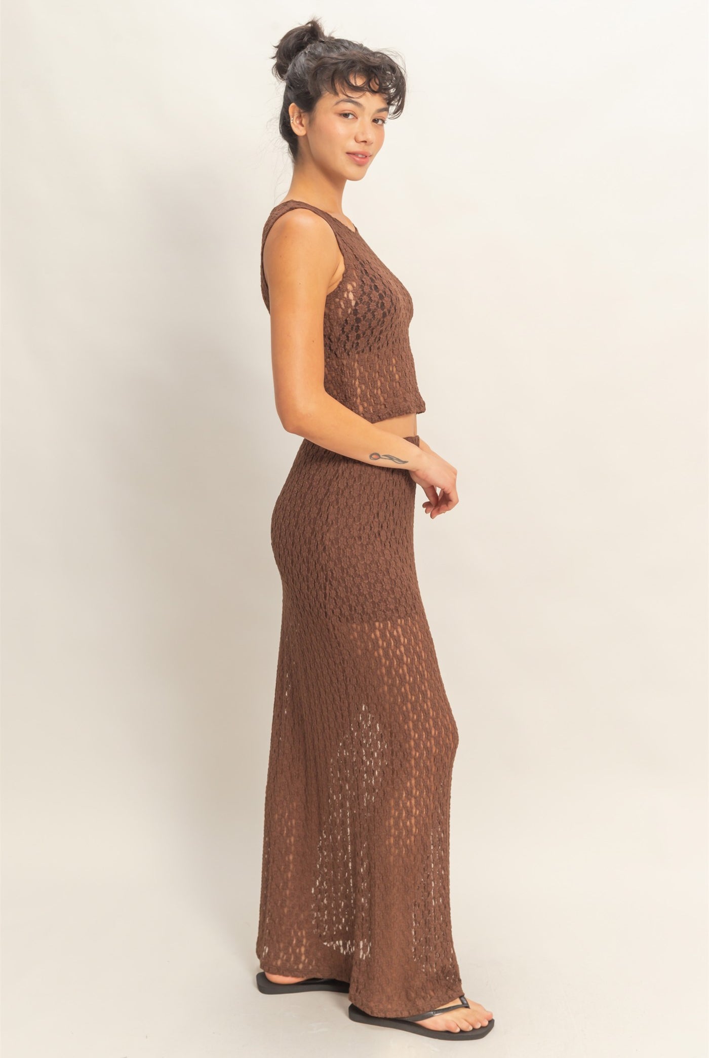 Wholesale Round Neck Lace Top & Lace Maxi Skirt Set Clothing DZ26C670-SET CHOCOLATE DOUBLE ZERO