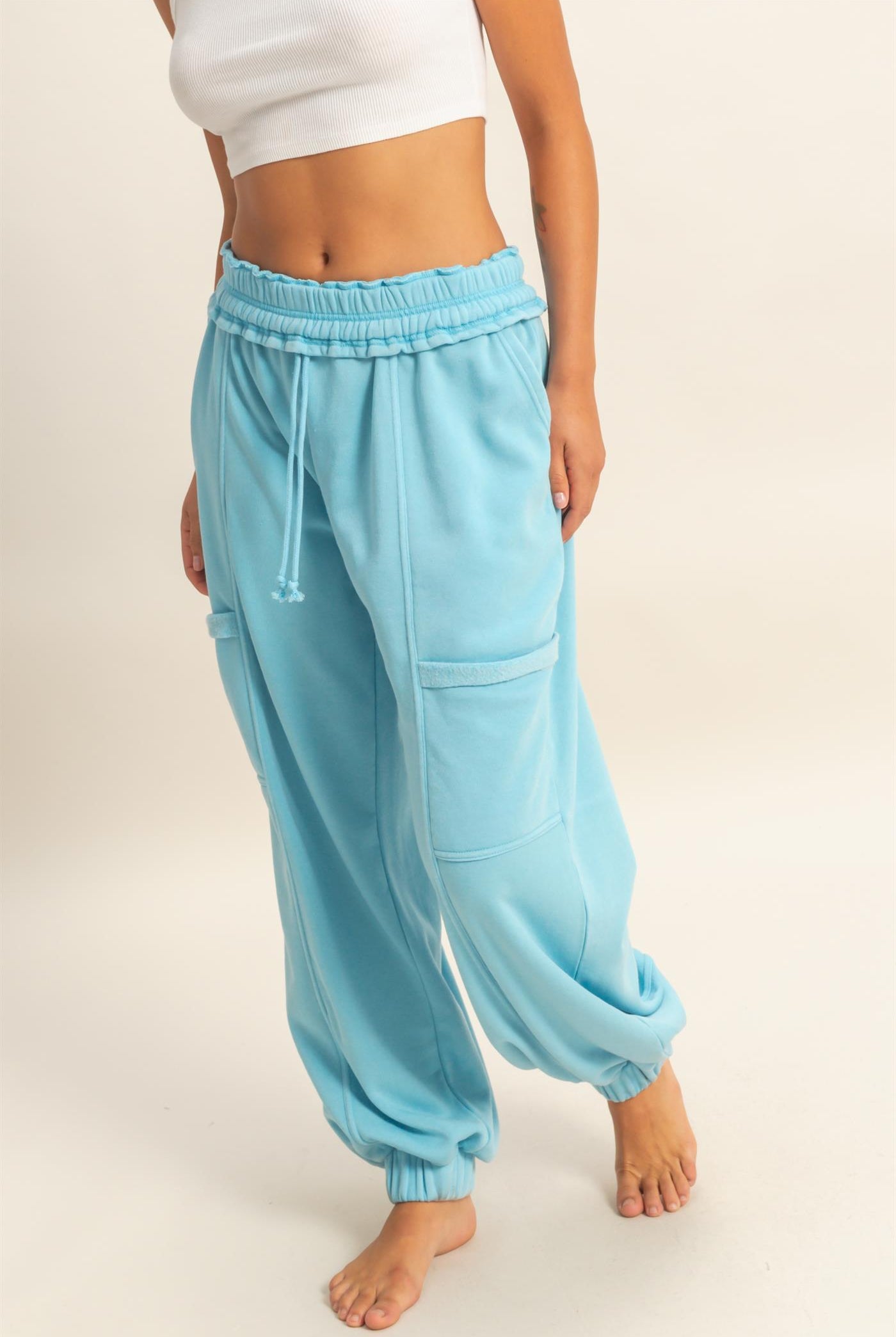 Wholesale Ruffle Waist Burnout Jogger Pants Joggers DZ26A685 BLUE DOUBLE ZERO