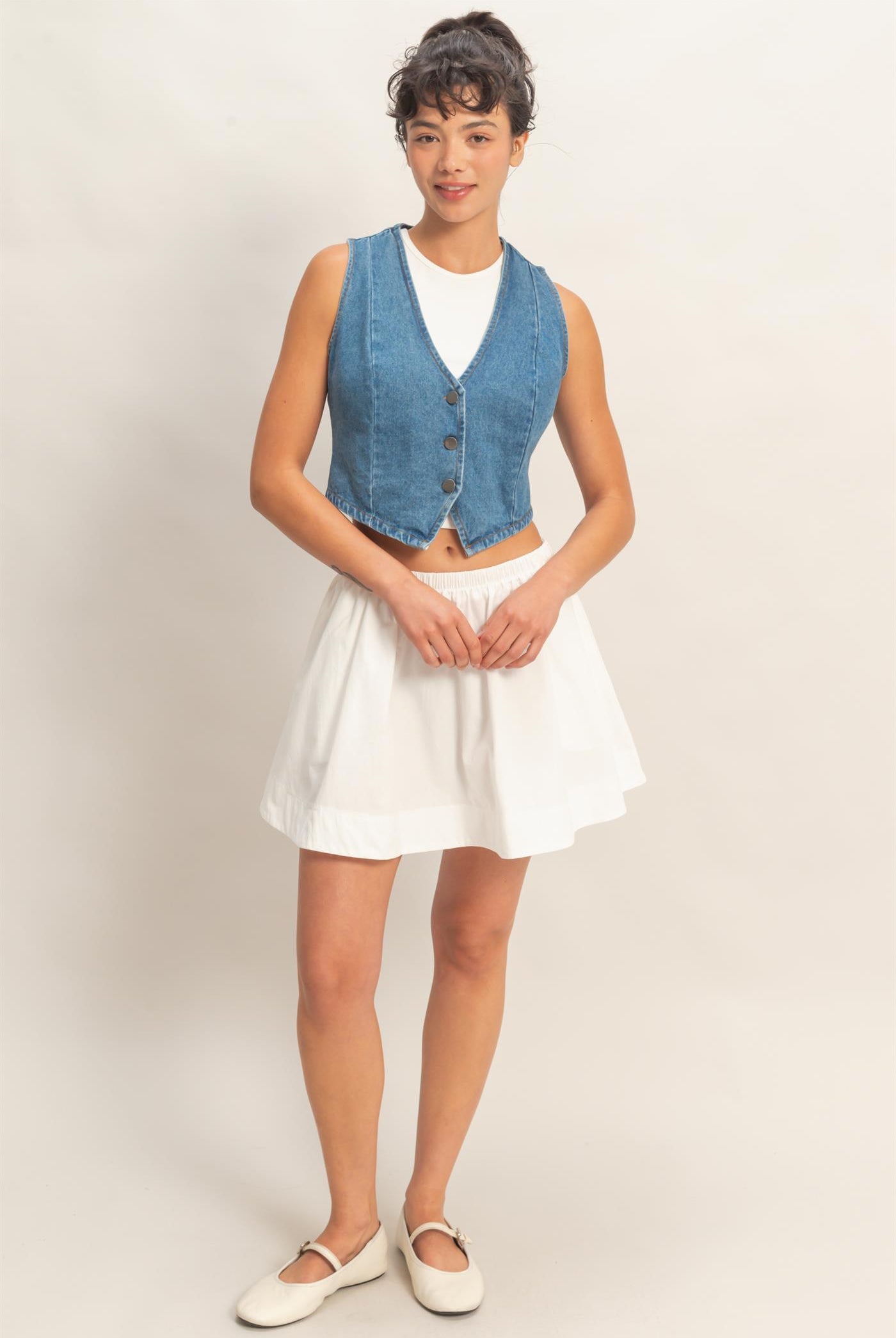 Wholesale V-Neck Sleeveless Denim Vest Clothing Tops DZ26C736 MEDIUM BLUE DOUBLE ZERO