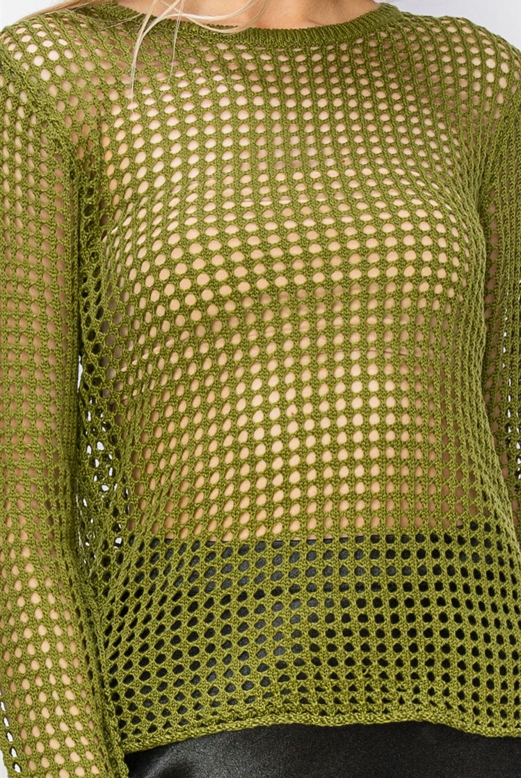 Wholesale Open Knit Long Sleeve Sweater Clothing Tops DZ24C031 MOSS DOUBLE ZERO