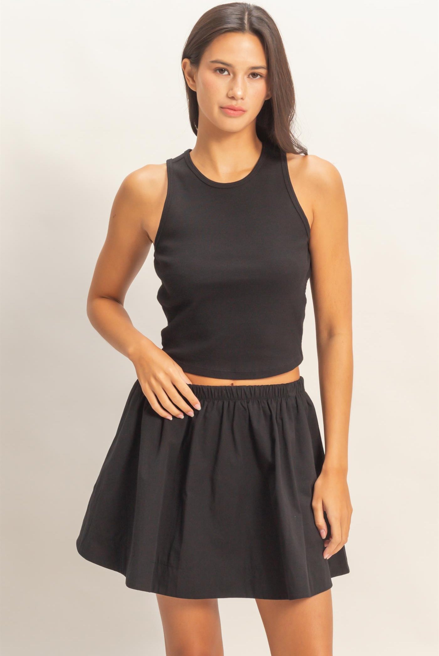 Wholesale Sleeveless Ribbed Top And Skirt Set Clothing DZ26C346-SET BLACK DOUBLE ZERO