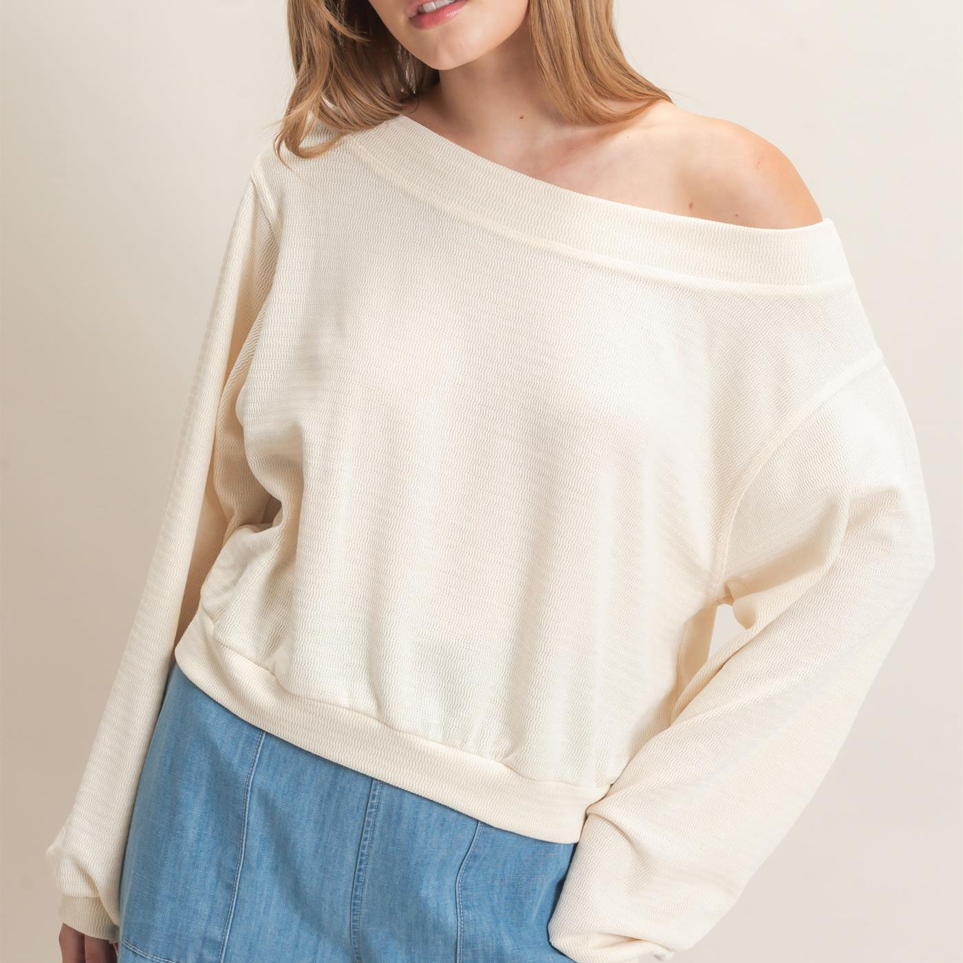 Wholesale Off Shoulder Knit Sweatshirt Blouses HF26F028 CREAM HYFVE
