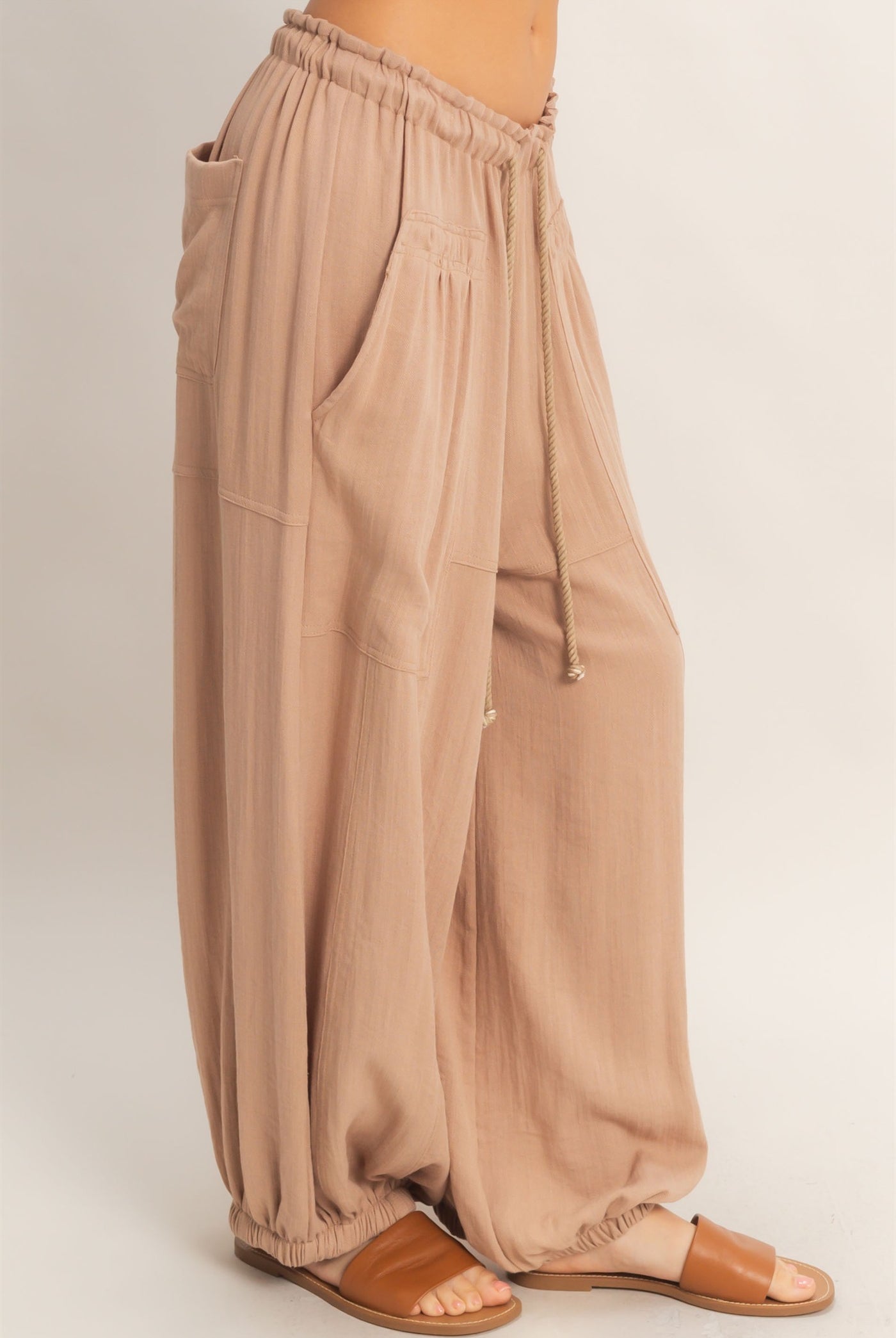 Wholesale Elastic Hem Drawstring Pants Pants HF26A905-D LIGHT BROWN HYFVE