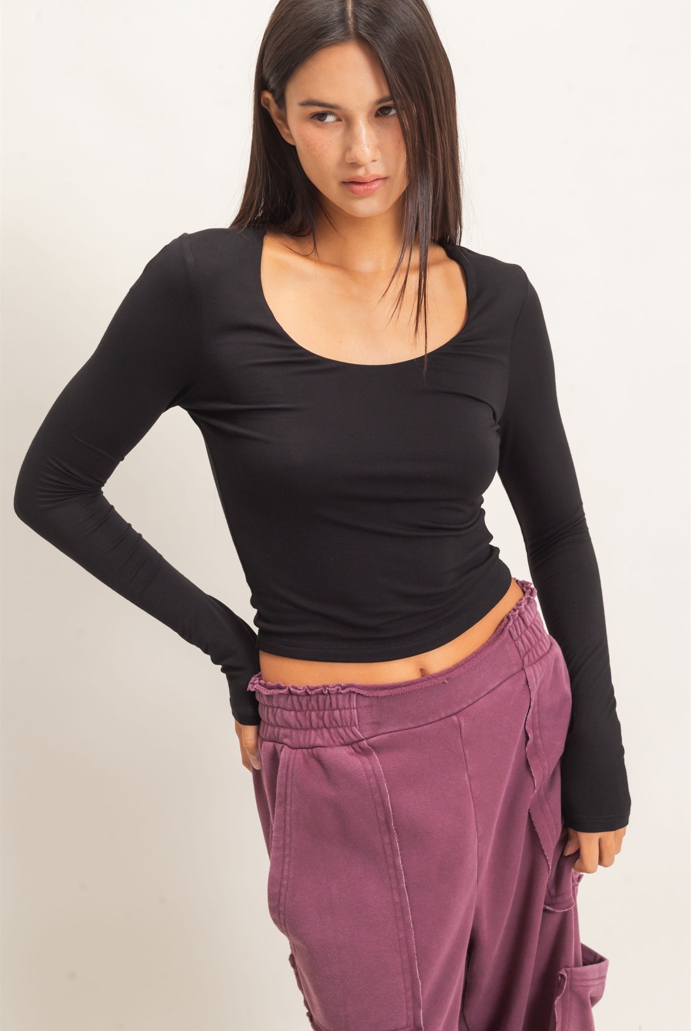 Wholesale Scoop Neck Long Sleeve Top Clothing Tops DZ26E250 BLACK DOUBLE ZERO