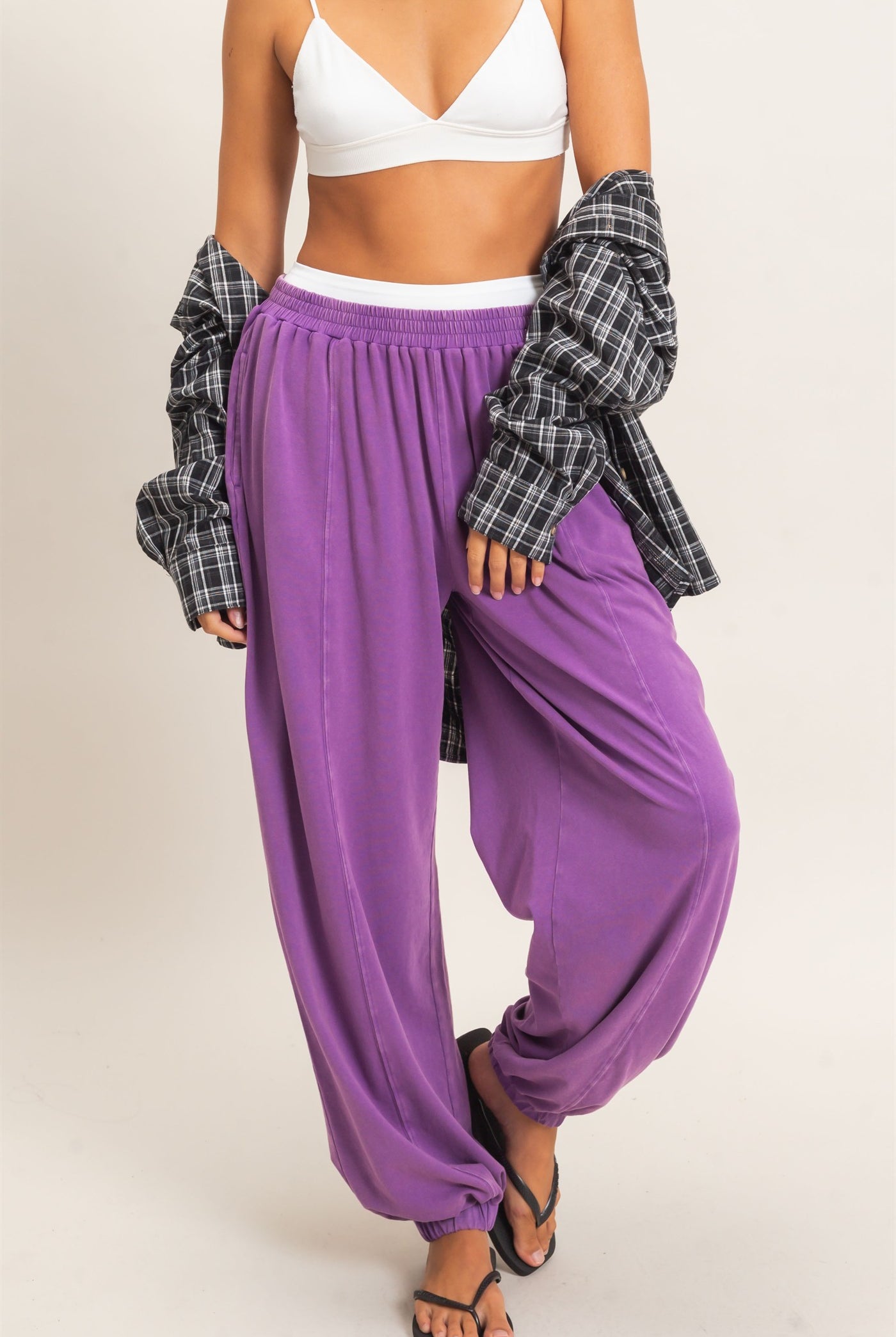 Wholesale Mineral Wash Elastic Waist Jogger Pants Joggers DZ26F405 PLUM DOUBLE ZERO
