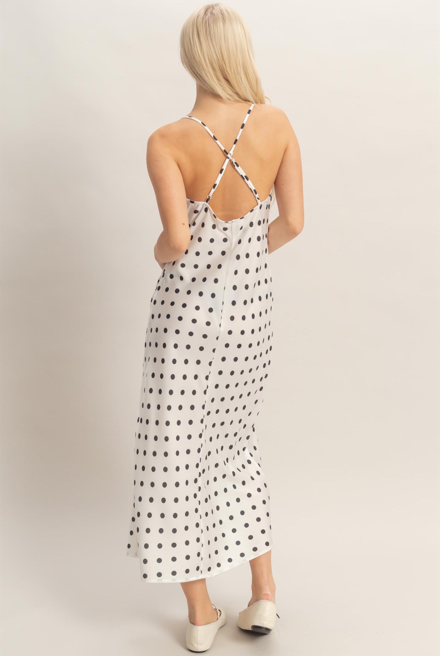 Wholesale Polka Dot Spaghetti Strap Cowl Neck Midi Dress Dresses DZ26C049 WHITE DOUBLE ZERO