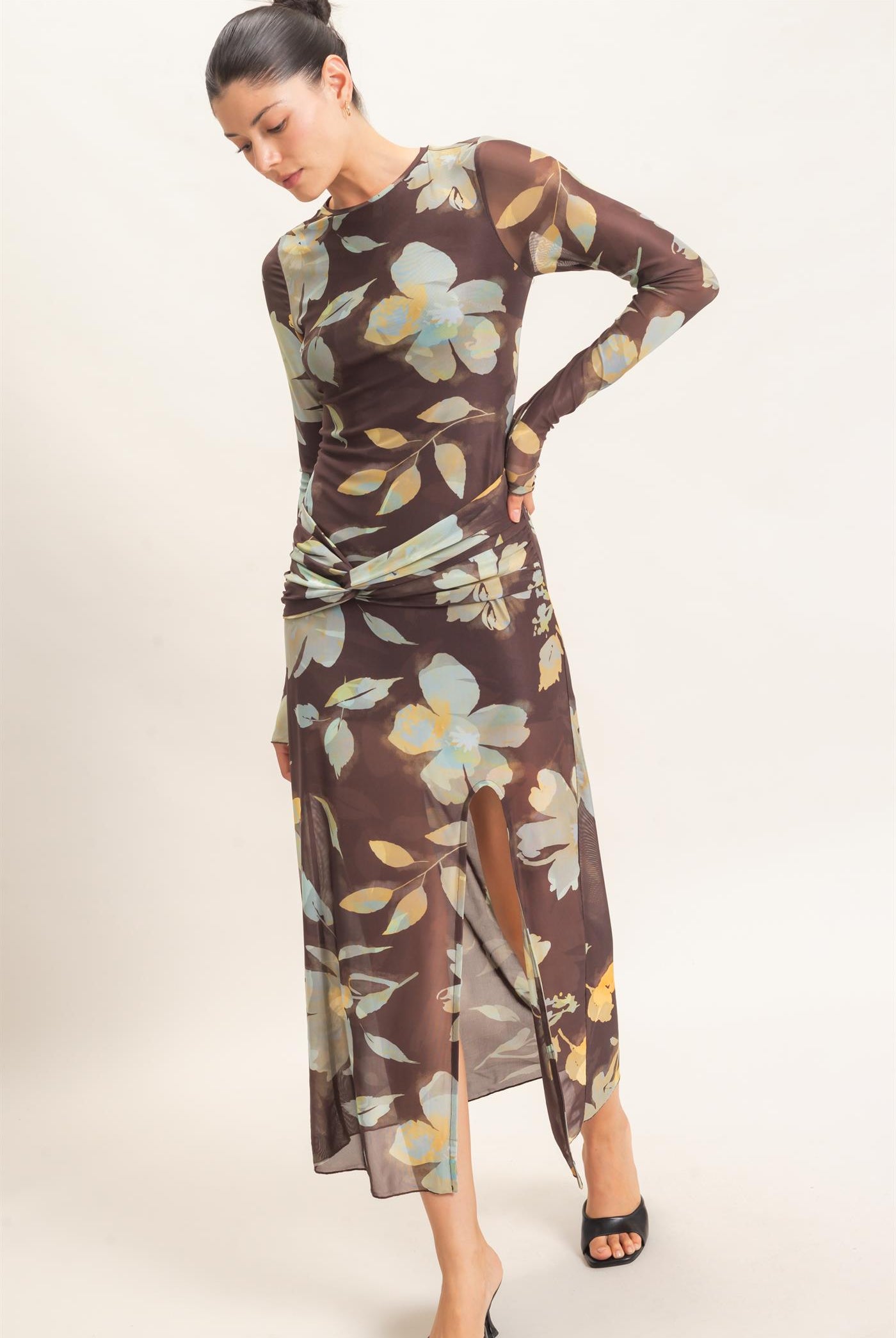 Wholesale Floral Mesh Knit Dress Dresses HF26E307 BROWN HYFVE