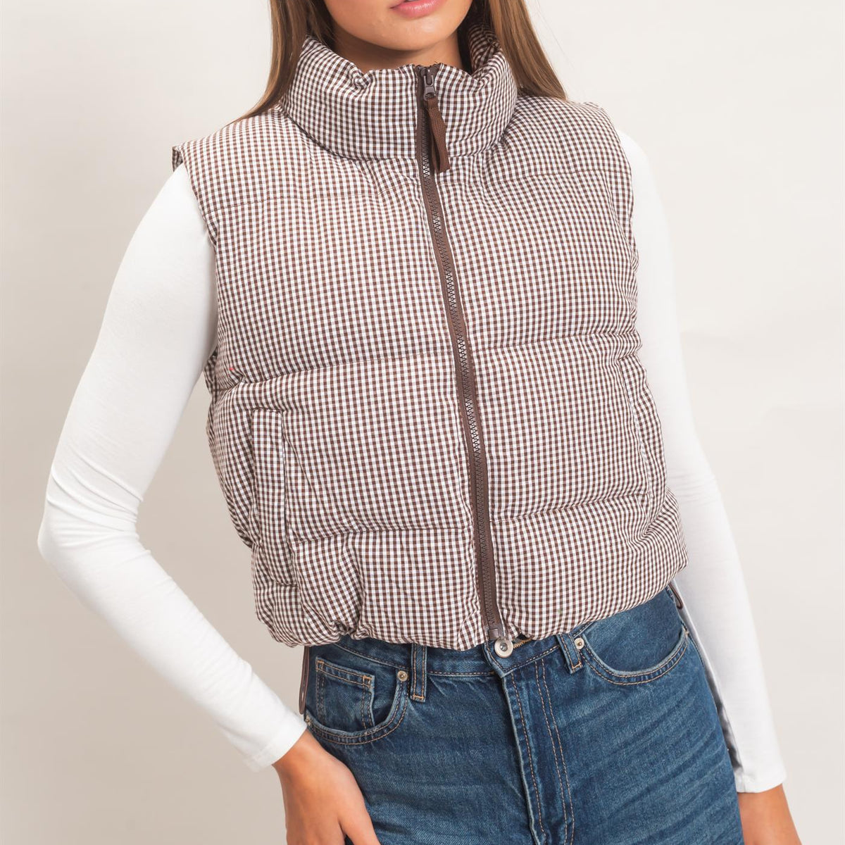 Wholesale Gingham Puffer Vest Vests DZ26F309 BROWN DOUBLE ZERO