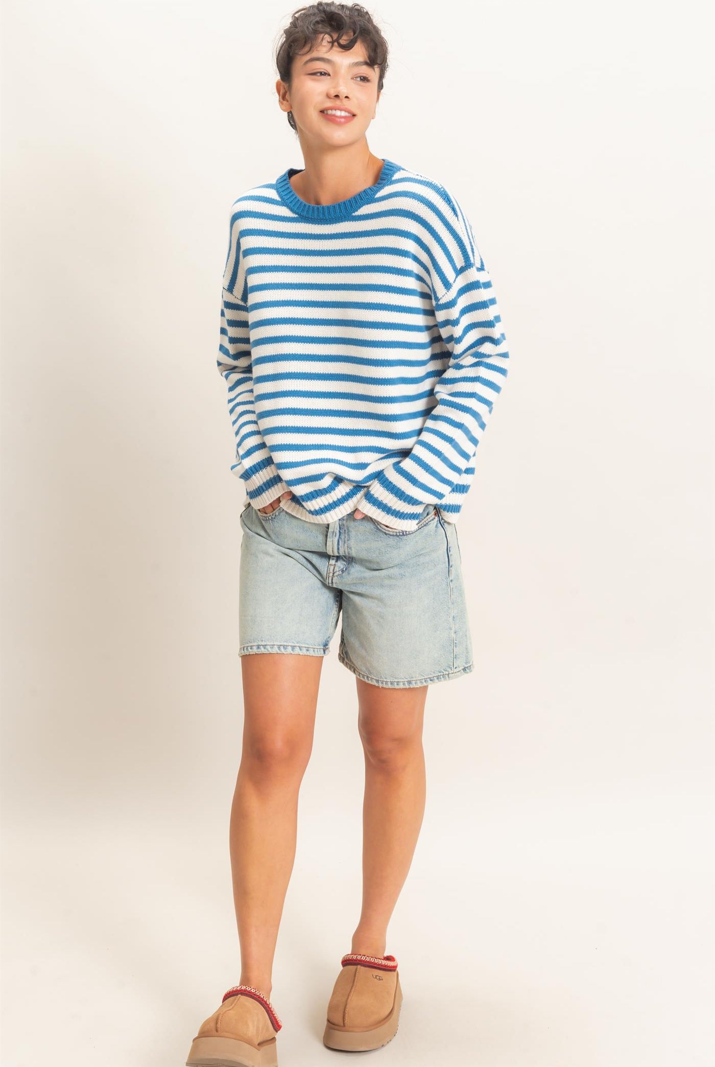 Wholesale Striped Crew Neck Sweater Sweaters DZ26E237 BLUE DOUBLE ZERO