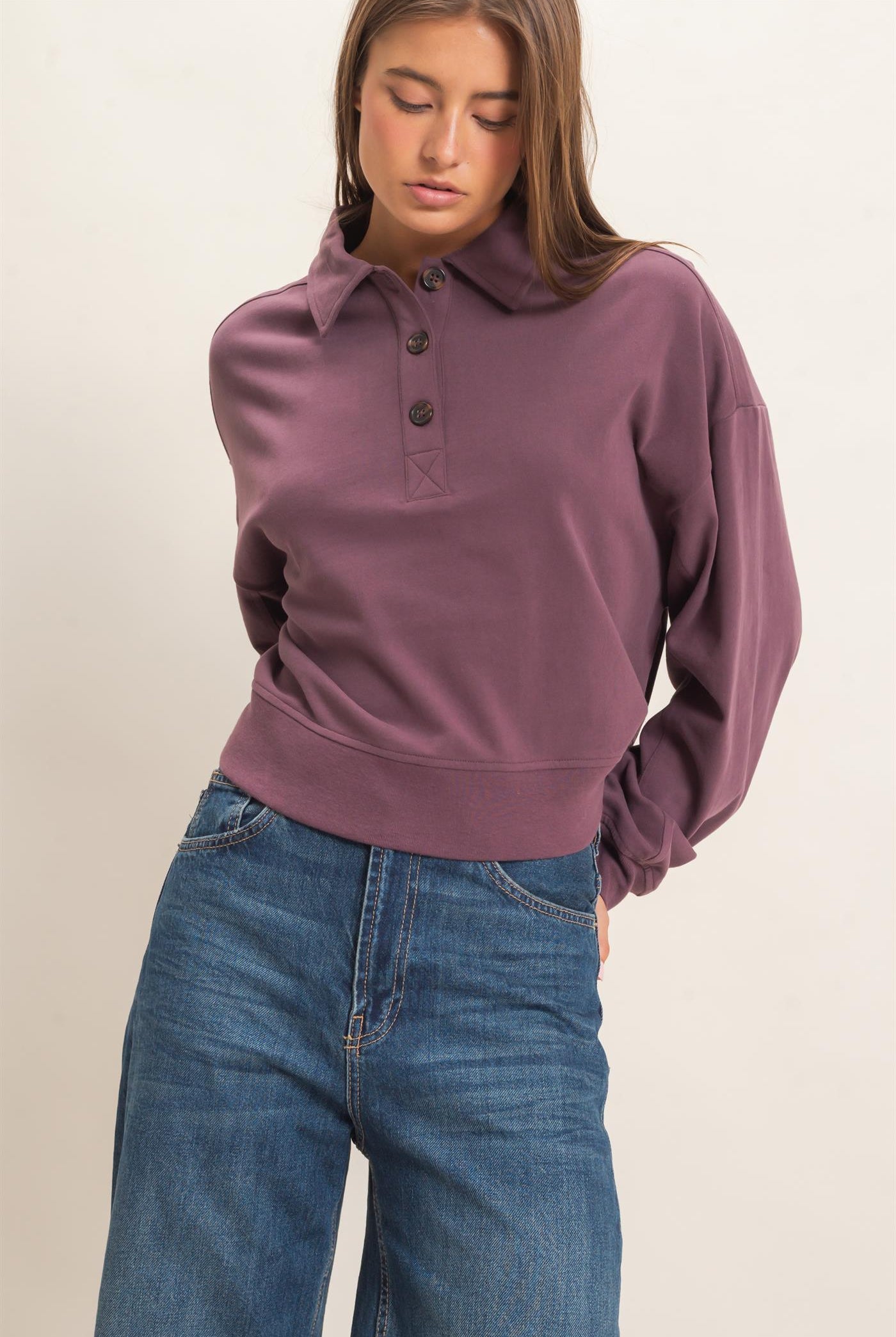 Wholesale Washed Button-Front Collared Sweatshirt Sweatshirts DZ26E390 COCOA DOUBLE ZERO