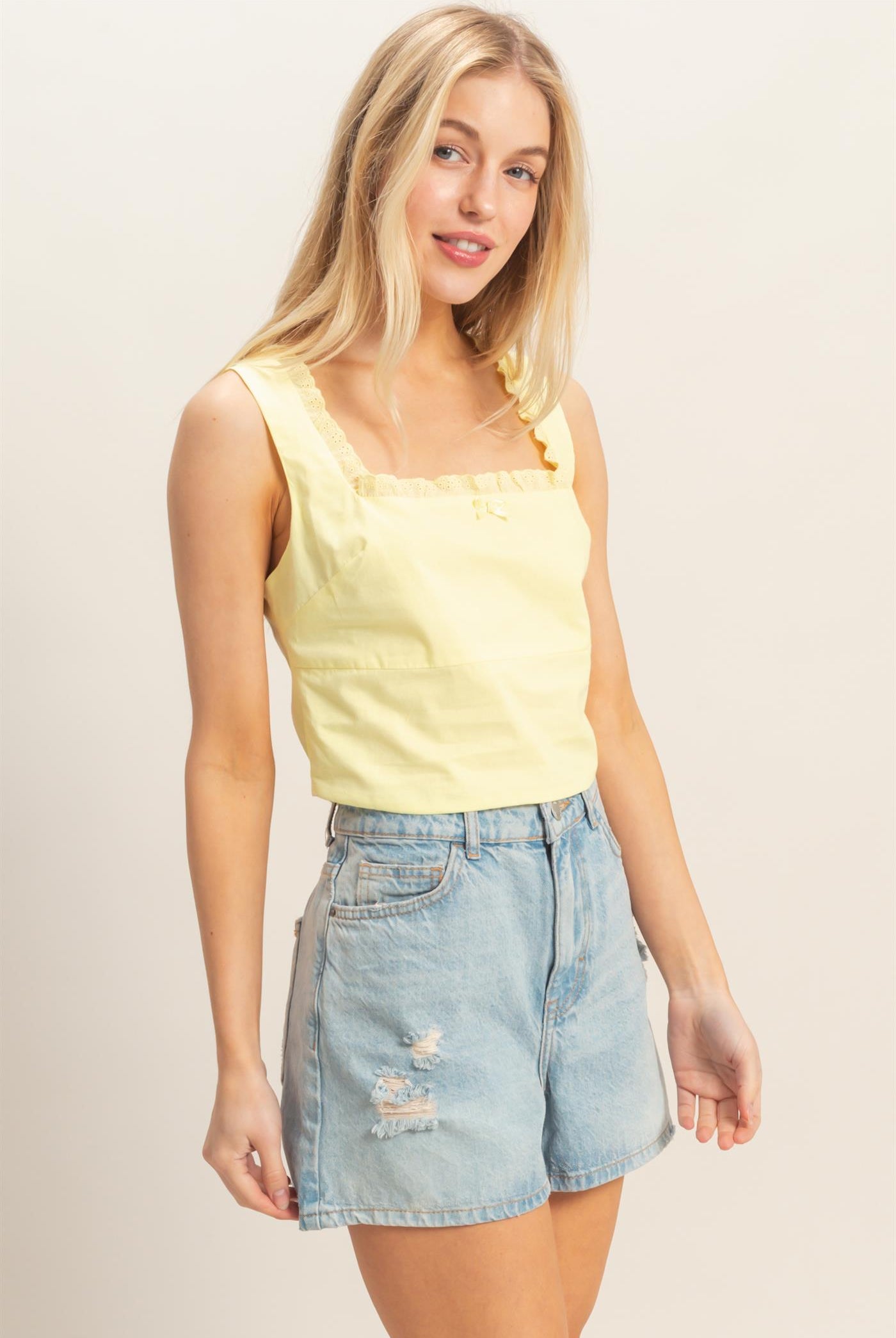 Wholesale Lace Square Neck Tank Clothing Tops HF26A008 YELLOW HYFVE