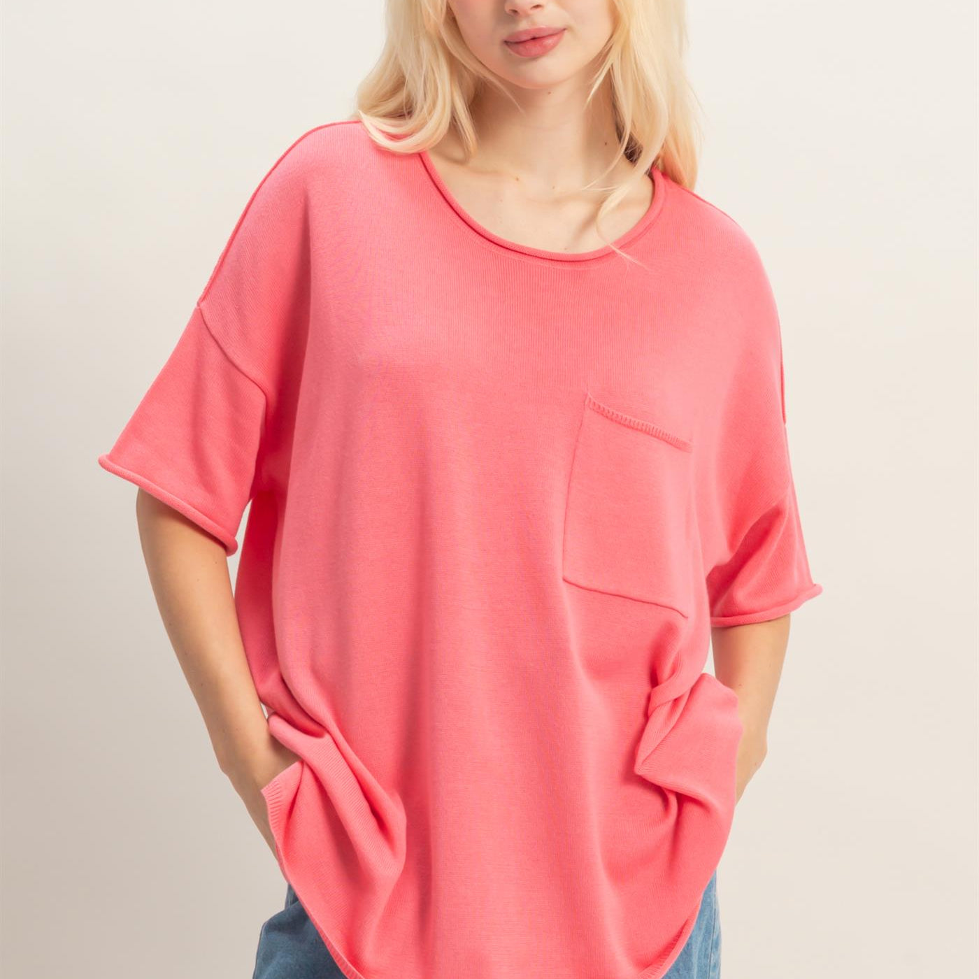 Wholesale Oversized Short Sleeve Round Neck Pocket Knit Top Clothing Tops DZ26A691 TAFFY PINK DOUBLE ZERO