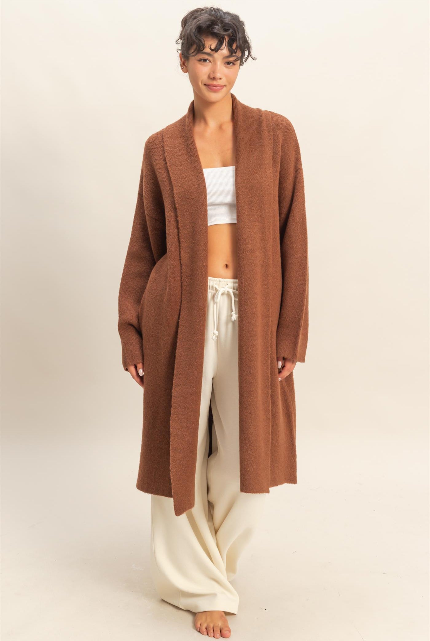 Wholesale Longline Open Front Duster Sweater Cardigans DZ25F435 CHESTNUT DOUBLE ZERO