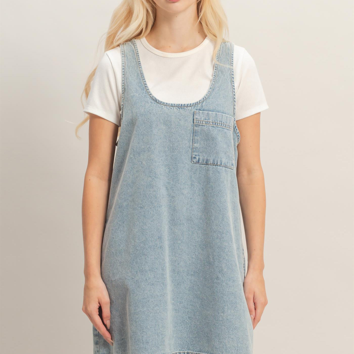 Wholesale Sleeveless Denim Shift Dress Dresses DZ26C204 LIGHT BLUE DOUBLE ZERO