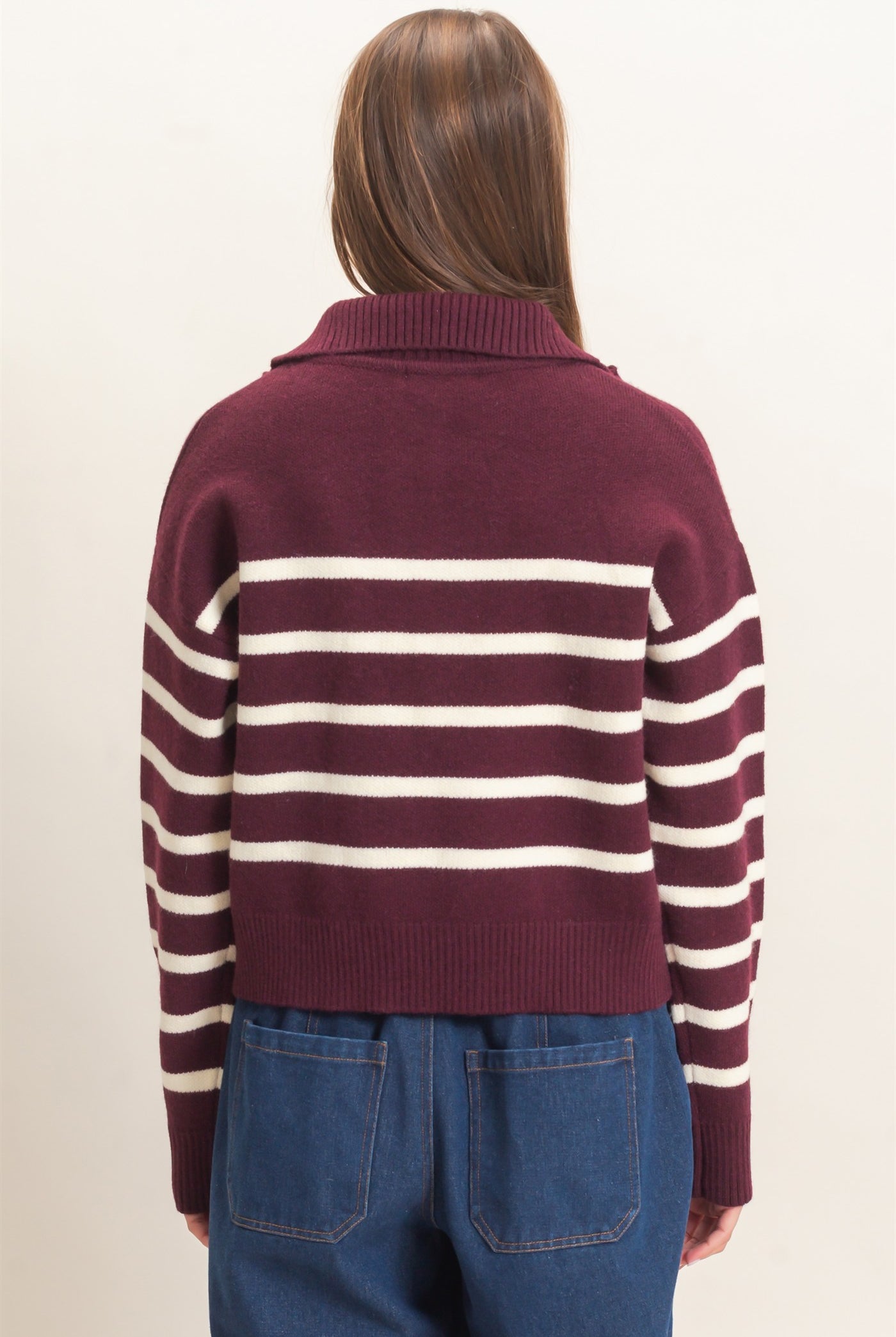 Wholesale Half-Zip Collared Stripe Sweater Sweaters DZ26E950 DARK CHERRY DOUBLE ZERO