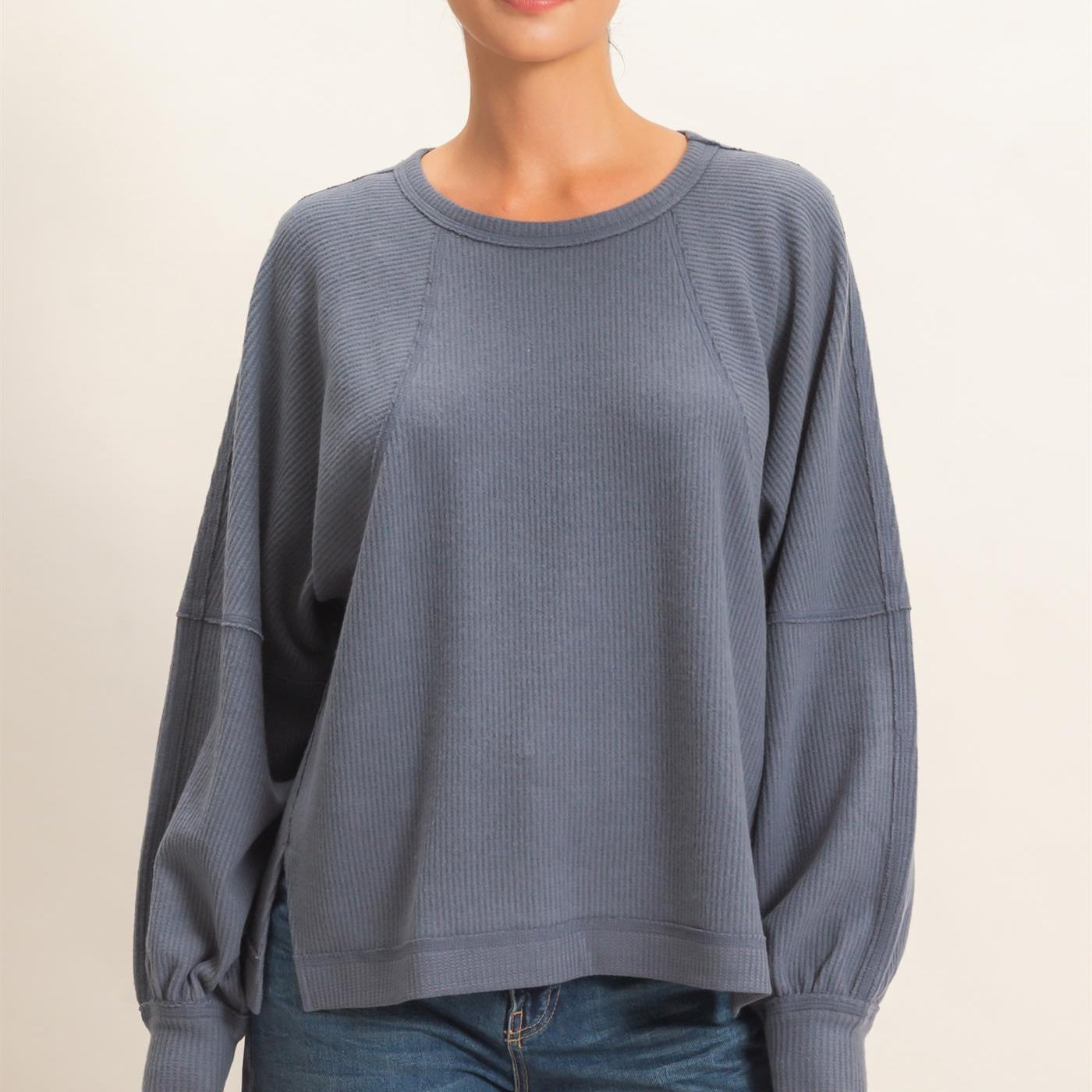 Wholesale Brushed Waffle Long Sleeve Top Clothing Tops DZ26F312 DARK GRAY DOUBLE ZERO