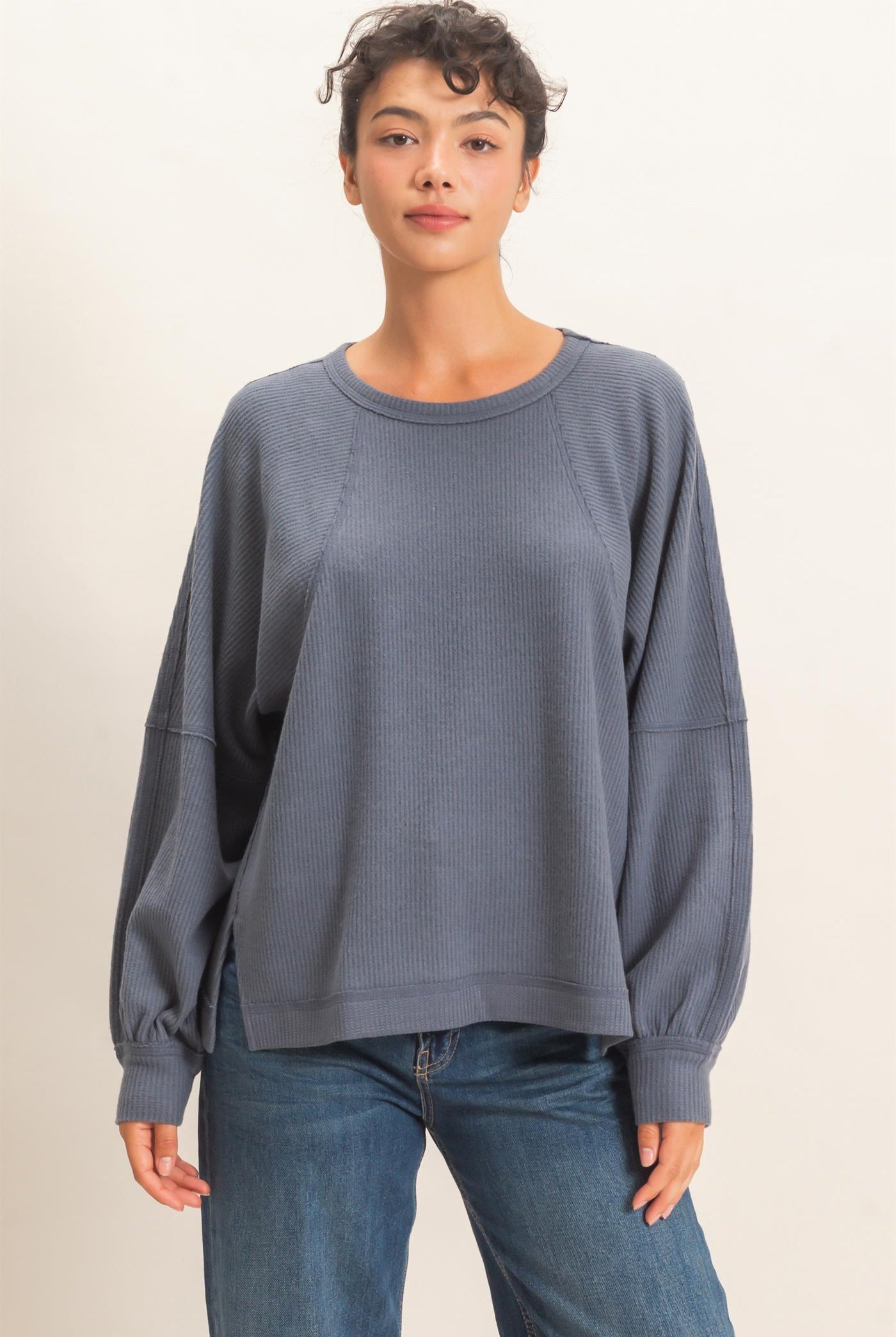Wholesale Brushed Waffle Long Sleeve Top Clothing Tops DZ26F312 DARK GRAY DOUBLE ZERO