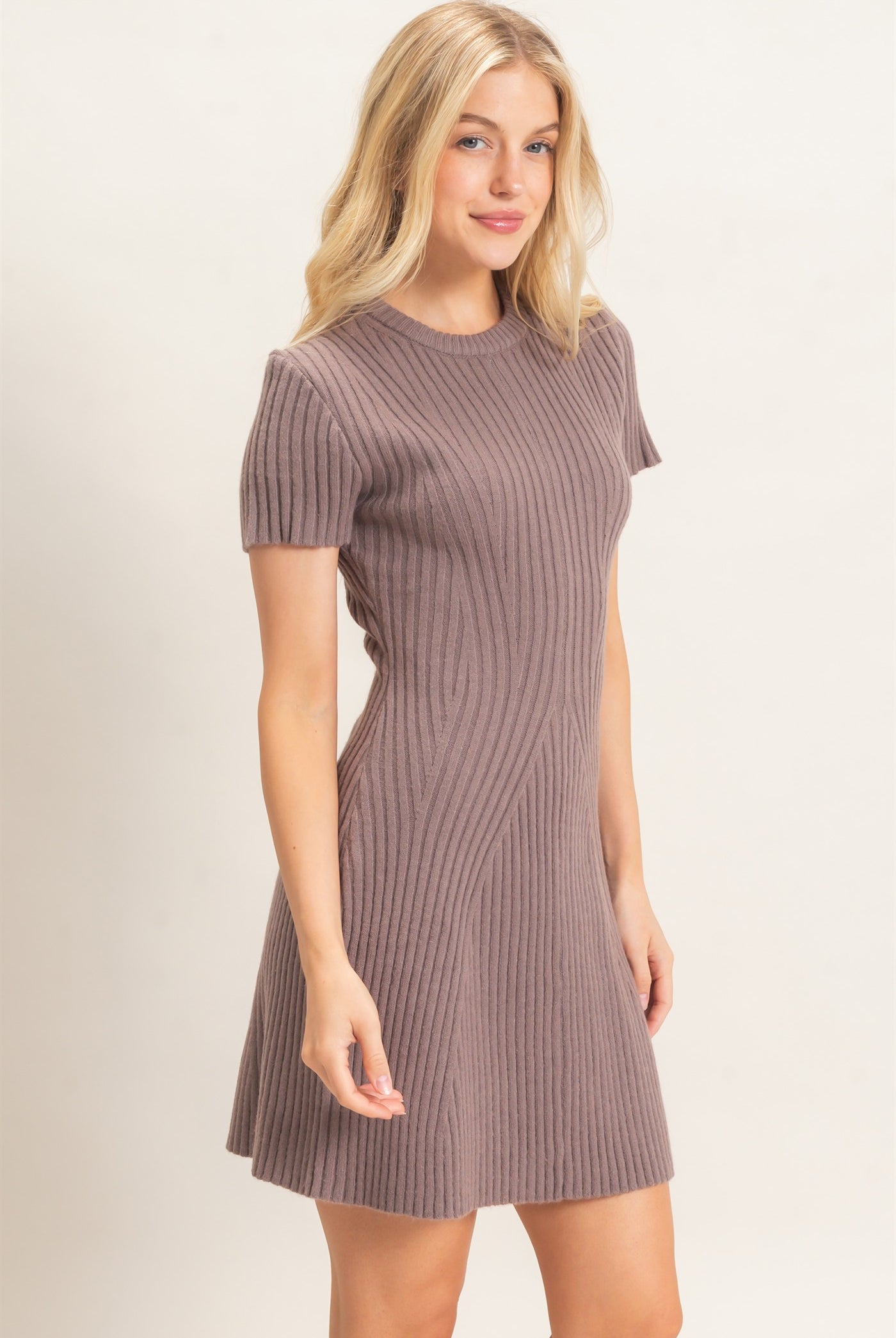 Wholesale Ribbed Crew Neck Dress Dresses HF26C989 MOCHA HYFVE