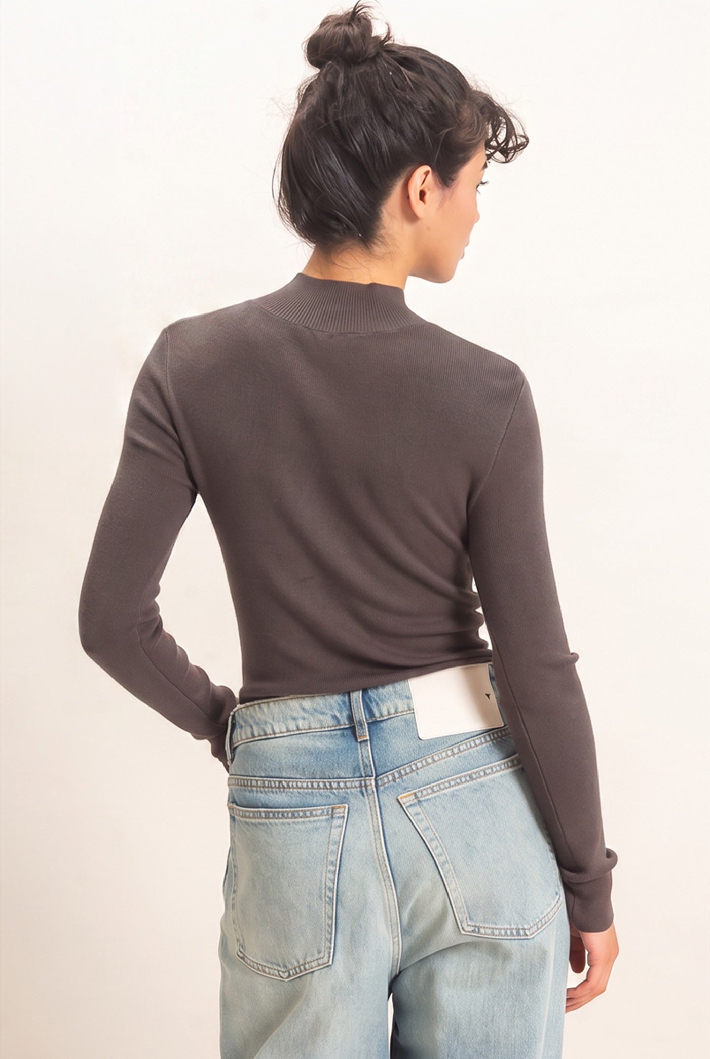 Wholesale Ribbed Mock Neck Long Sleeve Knit Top Clothing Tops DZ26F201 CHARCOAL DOUBLE ZERO