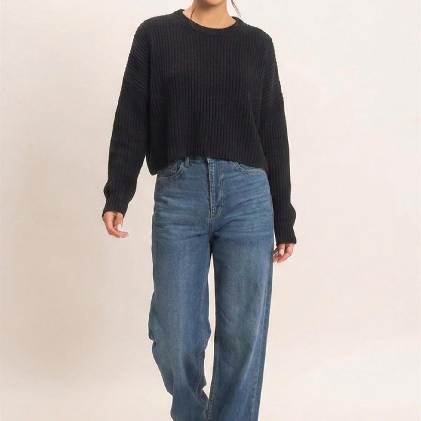 Wholesale Oversized Cropped Sweater Sweaters DZ26E252 BLACK DOUBLE ZERO